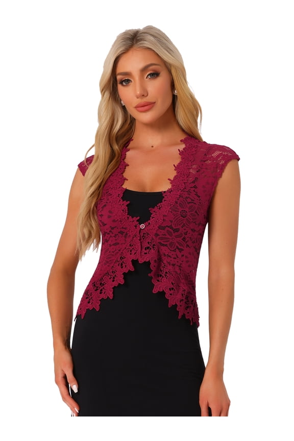 Women's Lace Cap Sleeves Cardigan Floral Shrug M Burgundy