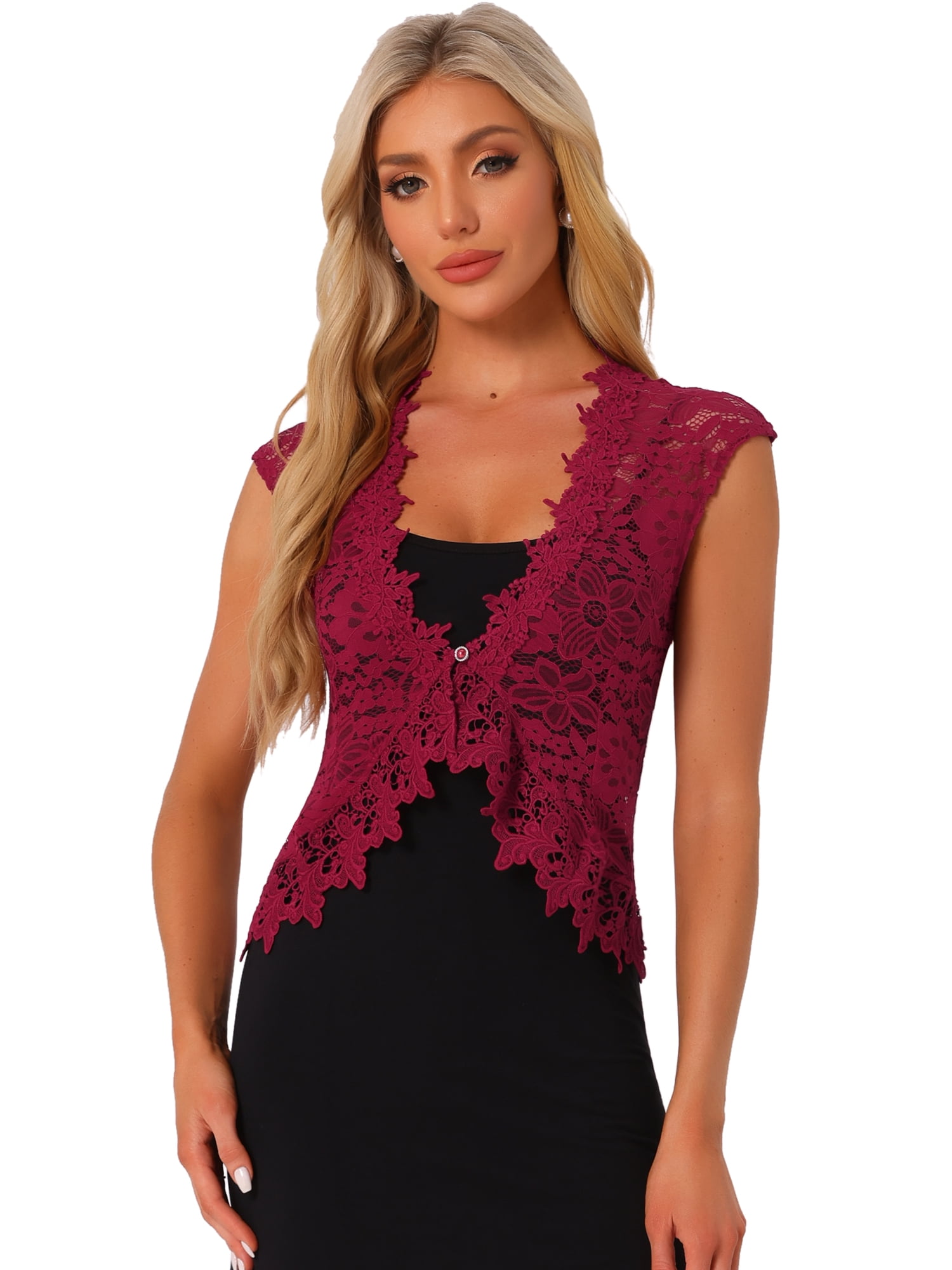 DARING DIVA Women's Lace Cap Sleeves Cardigan Floral Shrug S Burgundy