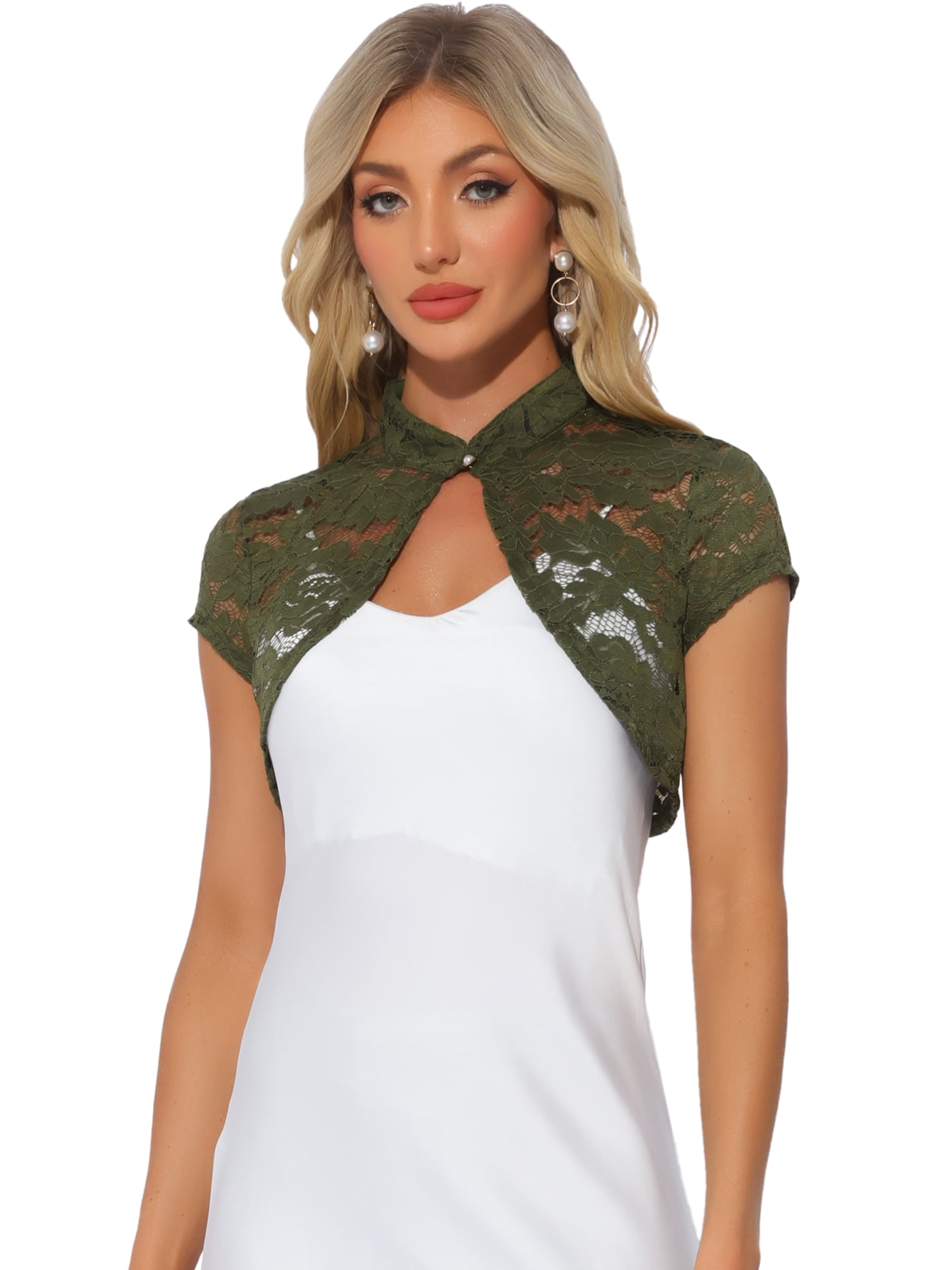 DARING DIVA Women's Lace Cardigan Stand Collar Short Shrugs L Army Green