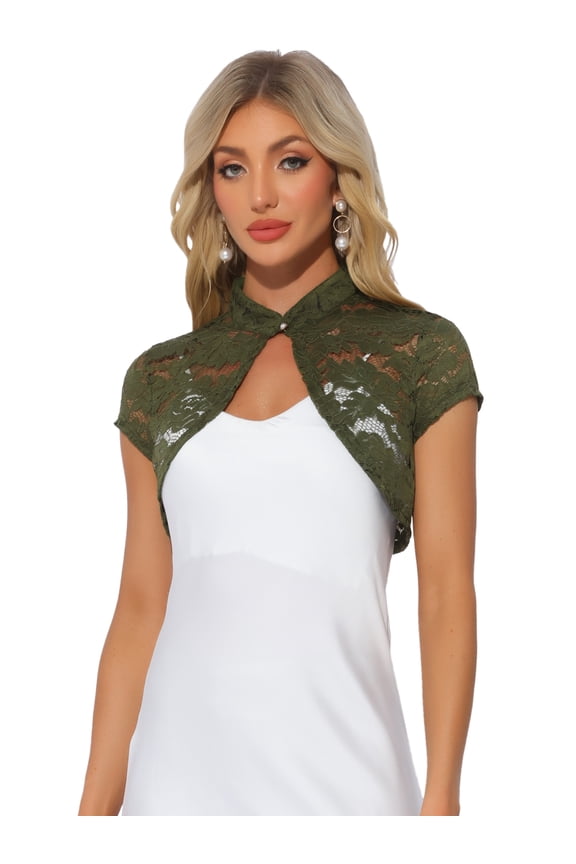 Women's Lace Cardigan Stand Collar Short Shrugs L Army Green