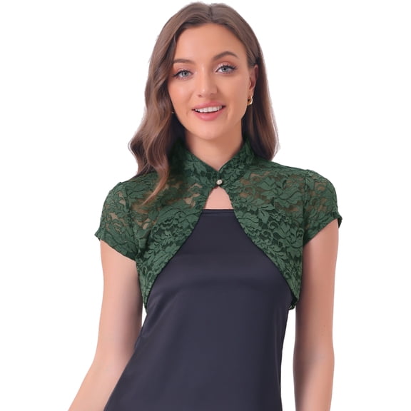 DARING DIVA Women's Lace Cardigan Stand Collar Short Shrugs L Green