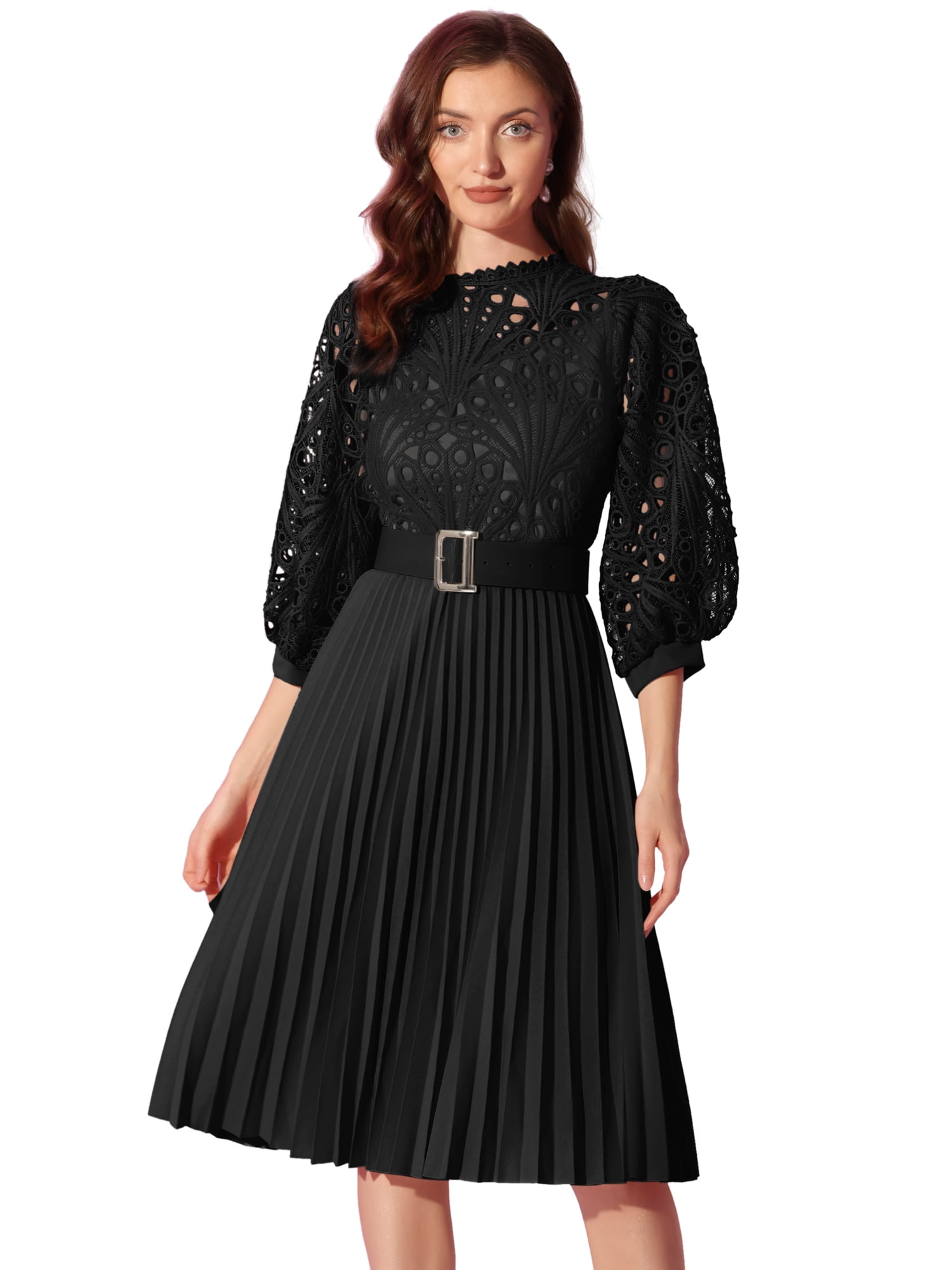 DARING DIVA Women's Lace Crochet Lantern Sleeves Casual Crew Neck Pleated Dress S Black