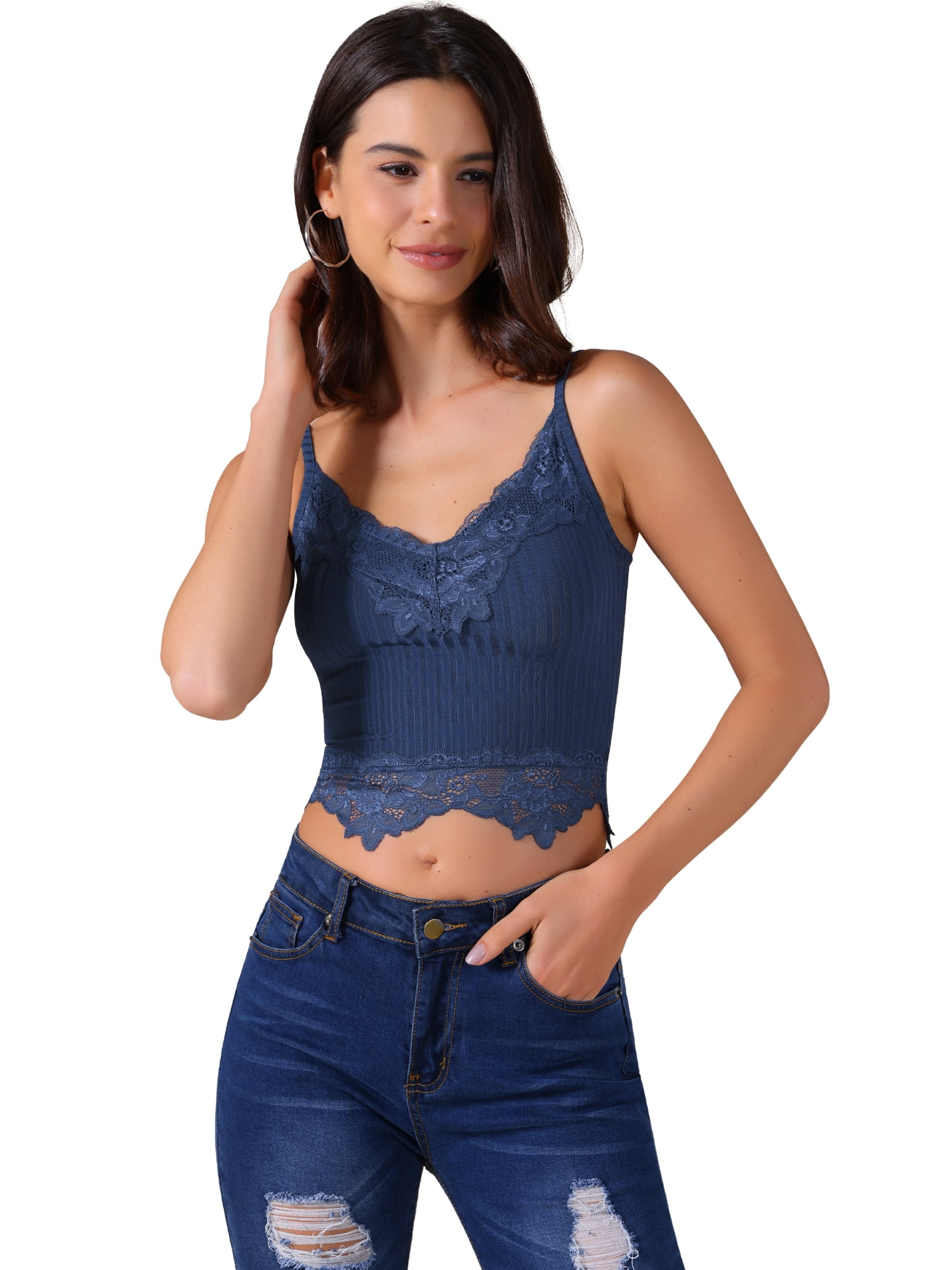 DARING DIVA Women's Lace Crop Lace Bralettes Y2k Patchwork Tank Top 2XL Dark Blue