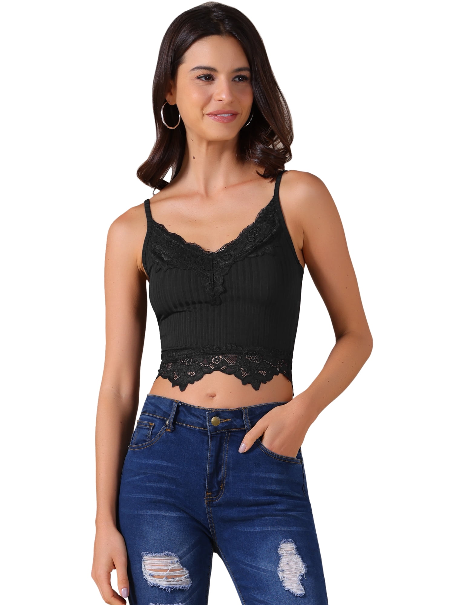 DARING DIVA Women's Lace Crop Lace Bralettes Y2k Patchwork Tank Top L Black