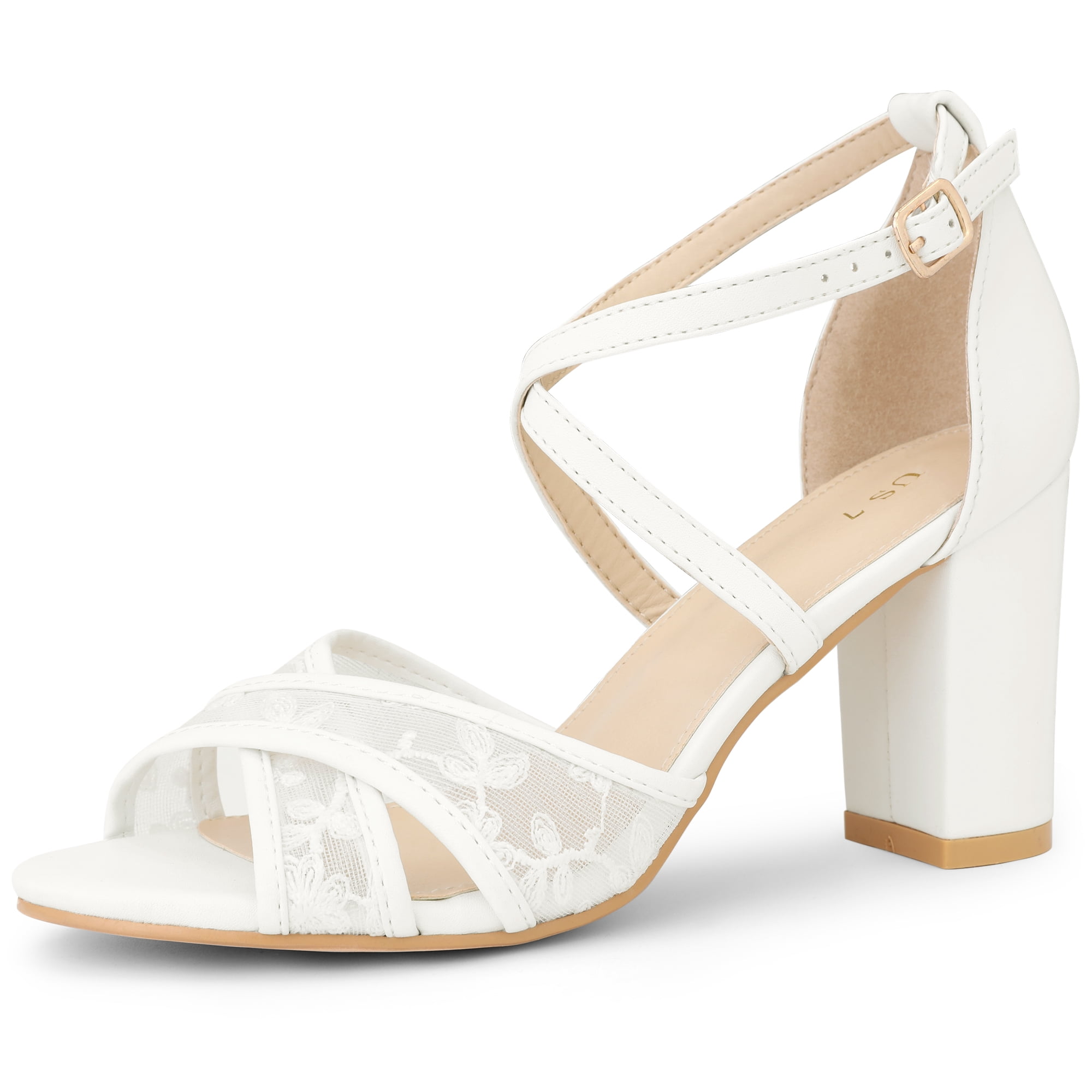 DARING DIVA Women's Lace Cross Strap Open Toe Block High Heels Sandals White 10
