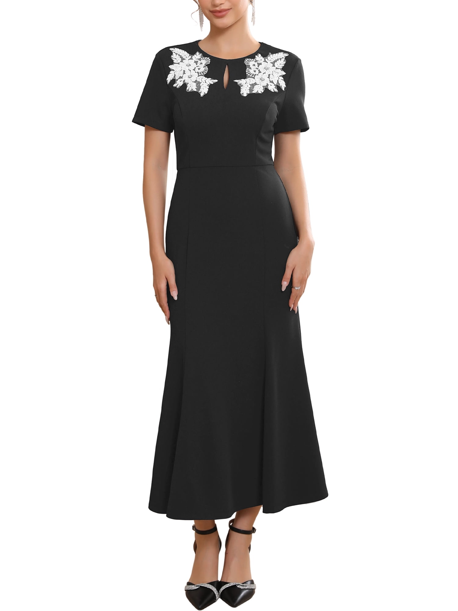 DARING DIVA Women's Lace Embroidered Crewneck Midi Dress for Wedding M Black