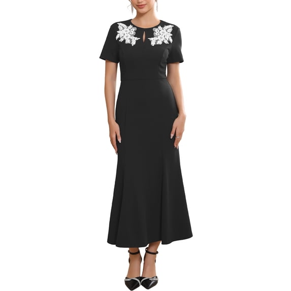 DARING DIVA Women's Lace Embroidered Crewneck Midi Dress for Wedding S Black