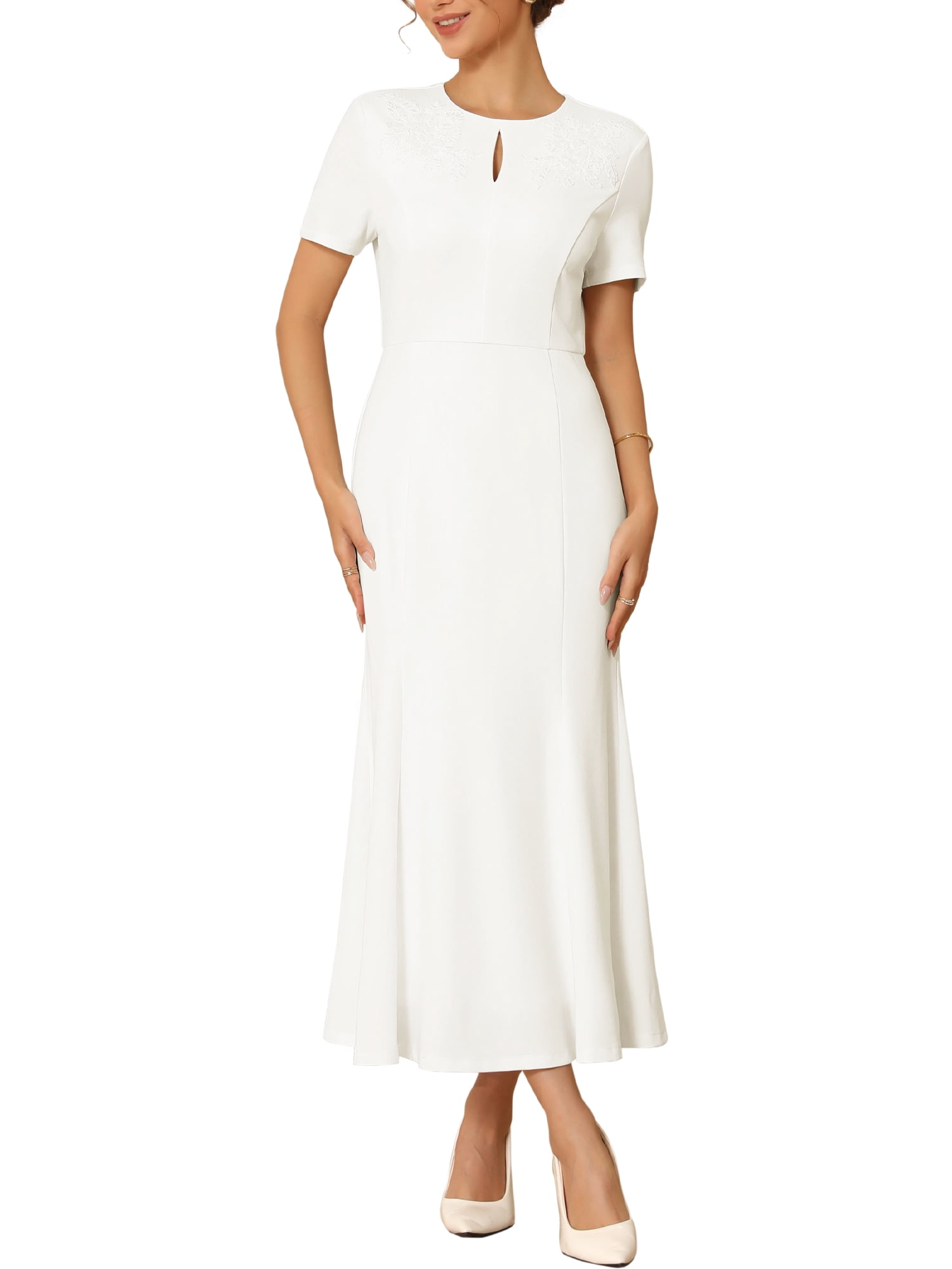 DARING DIVA Women's Lace Embroidered Crewneck Midi Dress for Wedding XL White