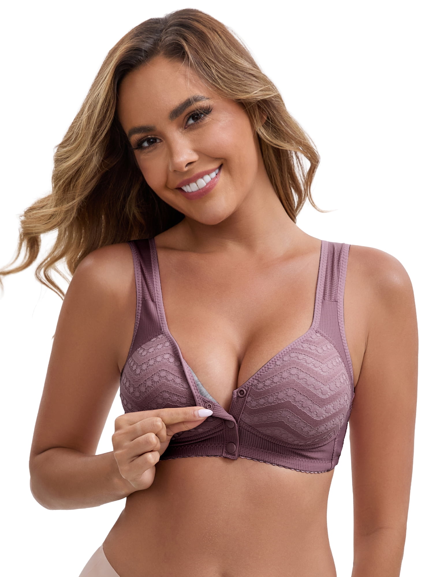 DARING DIVA Women's Lace Front Closure Push Up Wide Strap Bra L Dark Purple