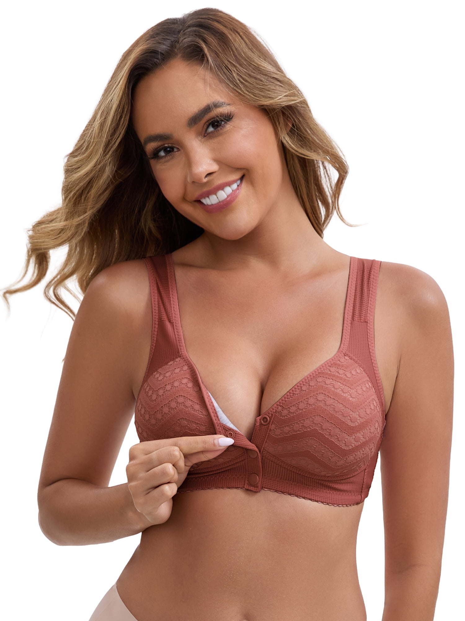 DARING DIVA Women's Lace Front Closure Push Up Wide Strap Bra XXL Dark Pink
