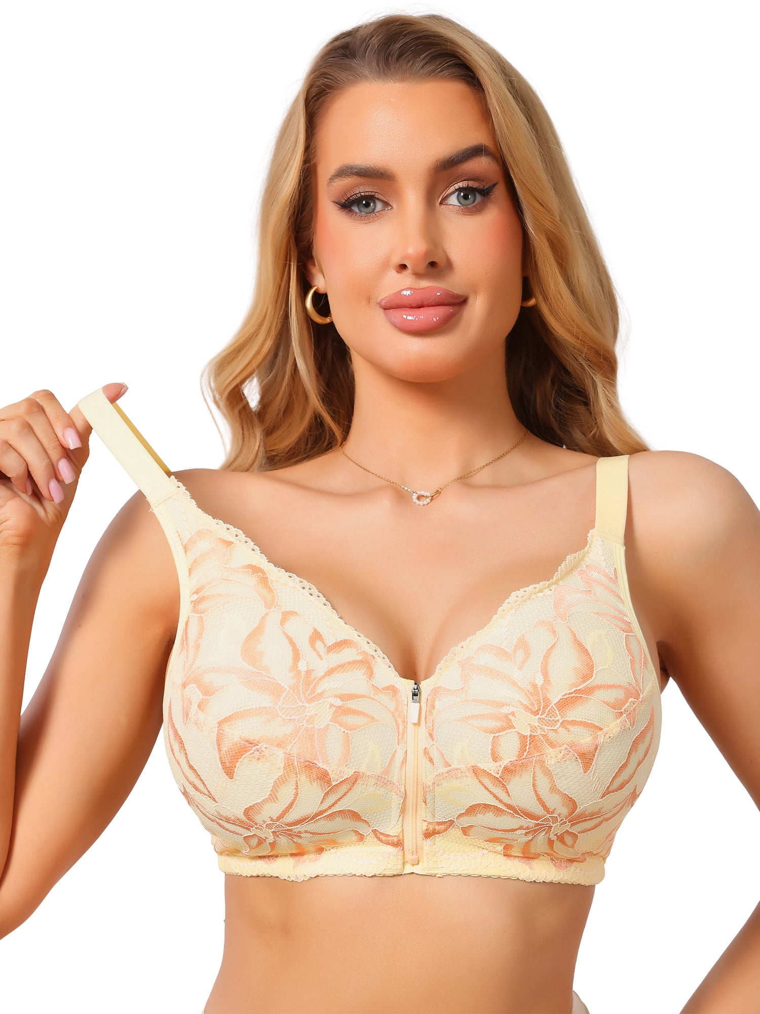 DARING DIVA Women's Lace Front Zipper Push Up Full Coverage Wireless Bra M Beige