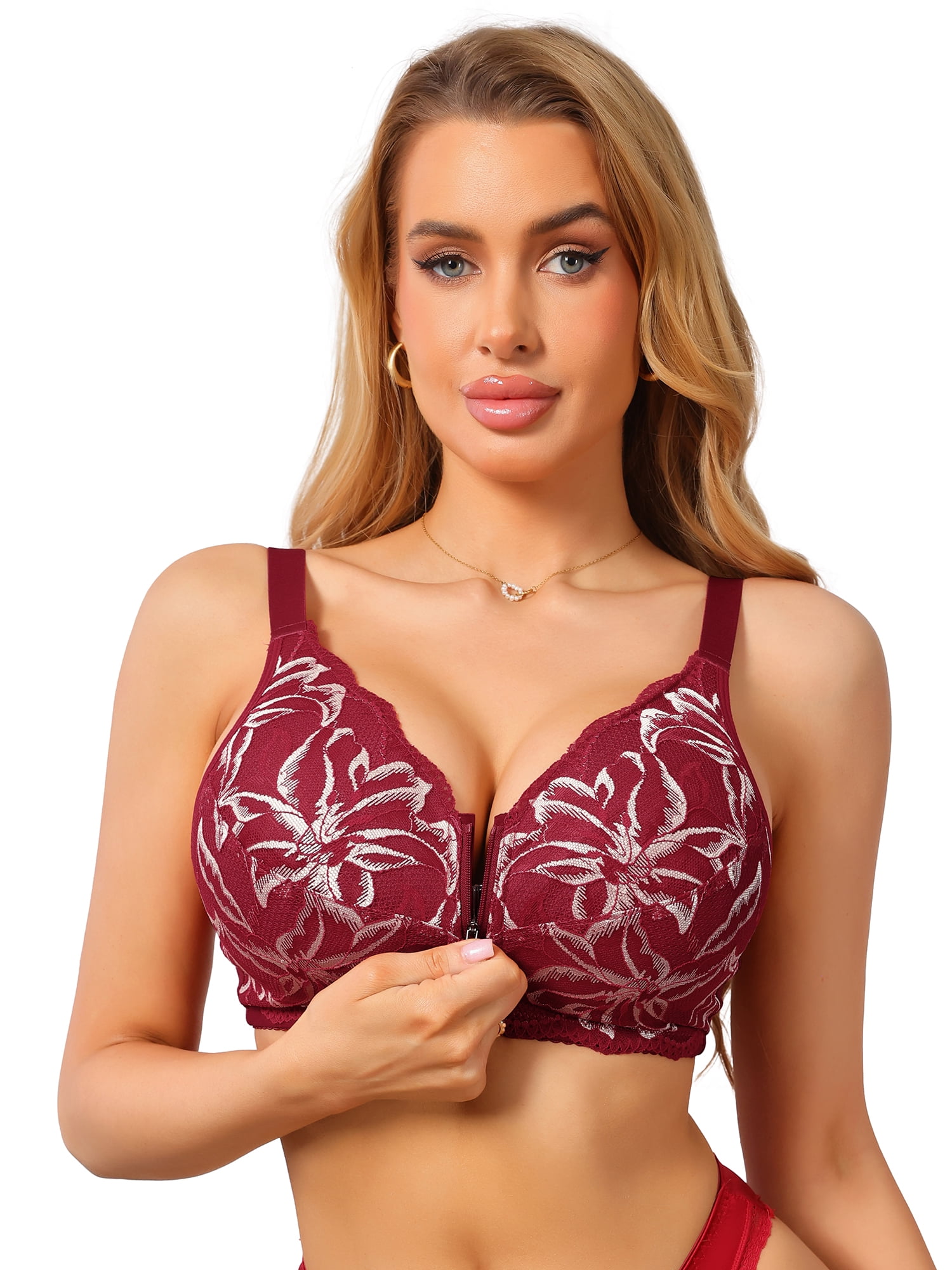 DARING DIVA Women's Lace Front Zipper Push Up Full Coverage Wireless Bra M Red