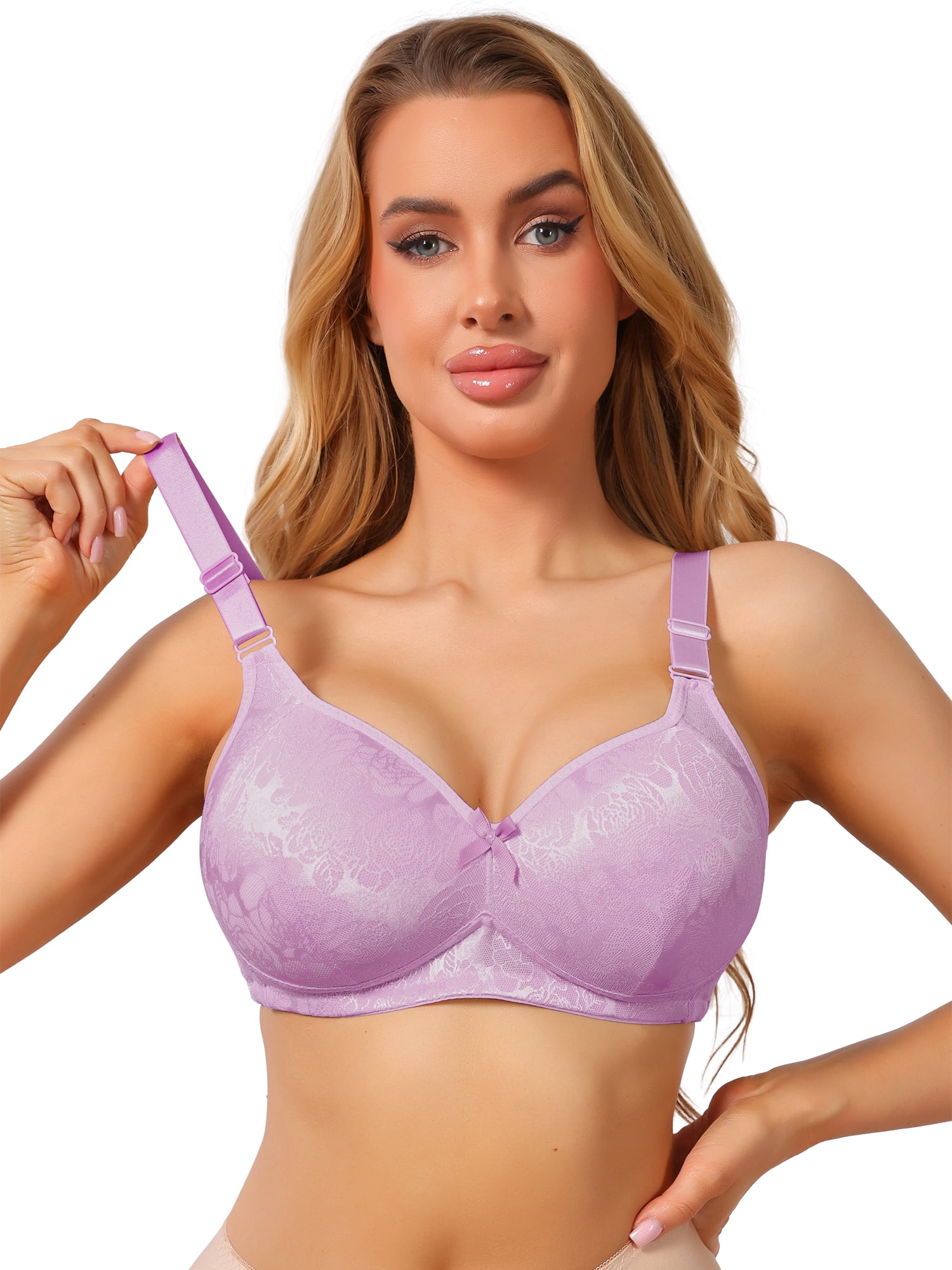 DARING DIVA Women's Lace Full Coverage Wireless Soft Cup Wide Strap Bra C 36 Purple Pink