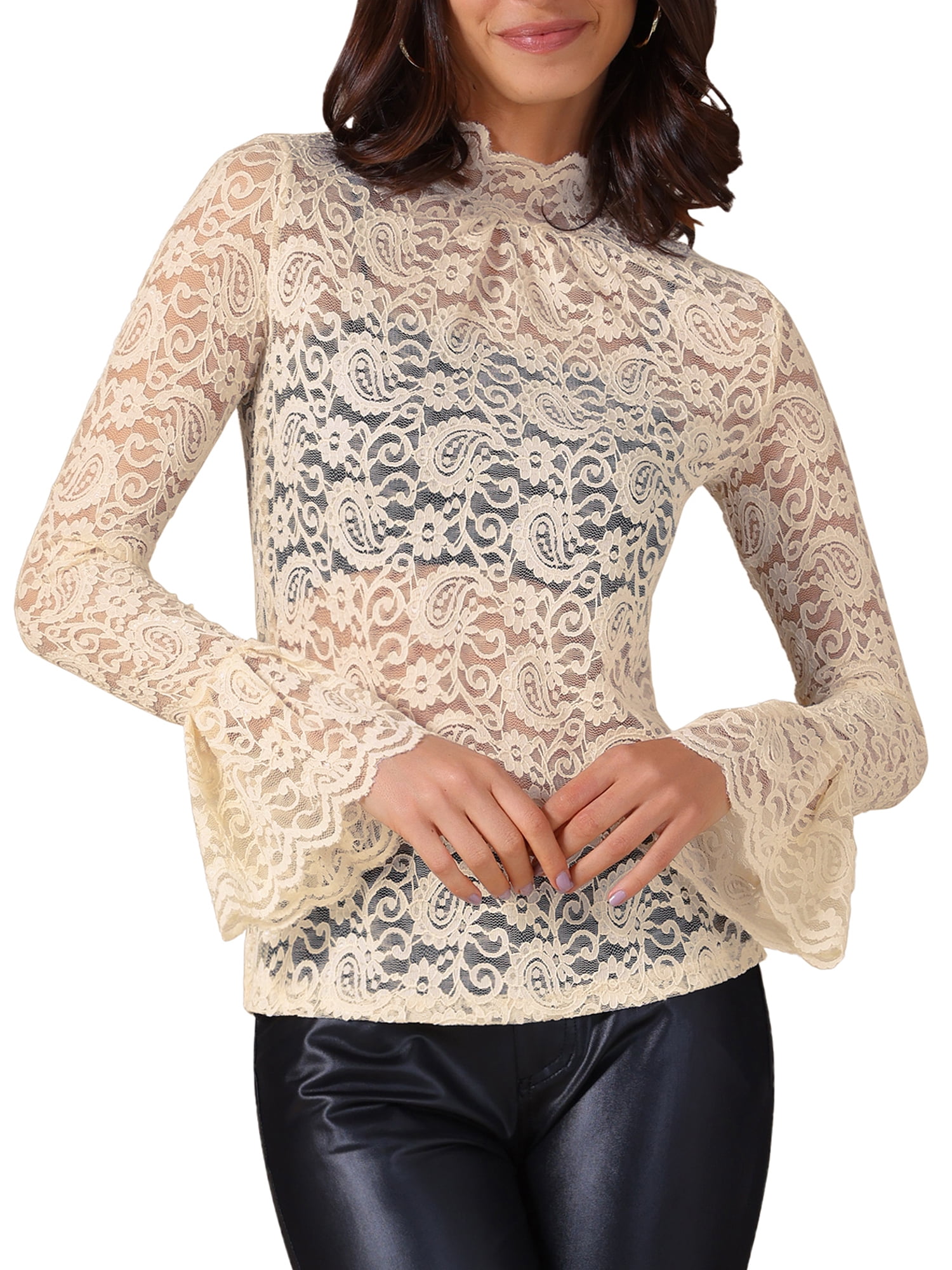 DARING DIVA Women's Lace High Neck Bell Long Sleeve Sheer Mesh Blouses XS Beige