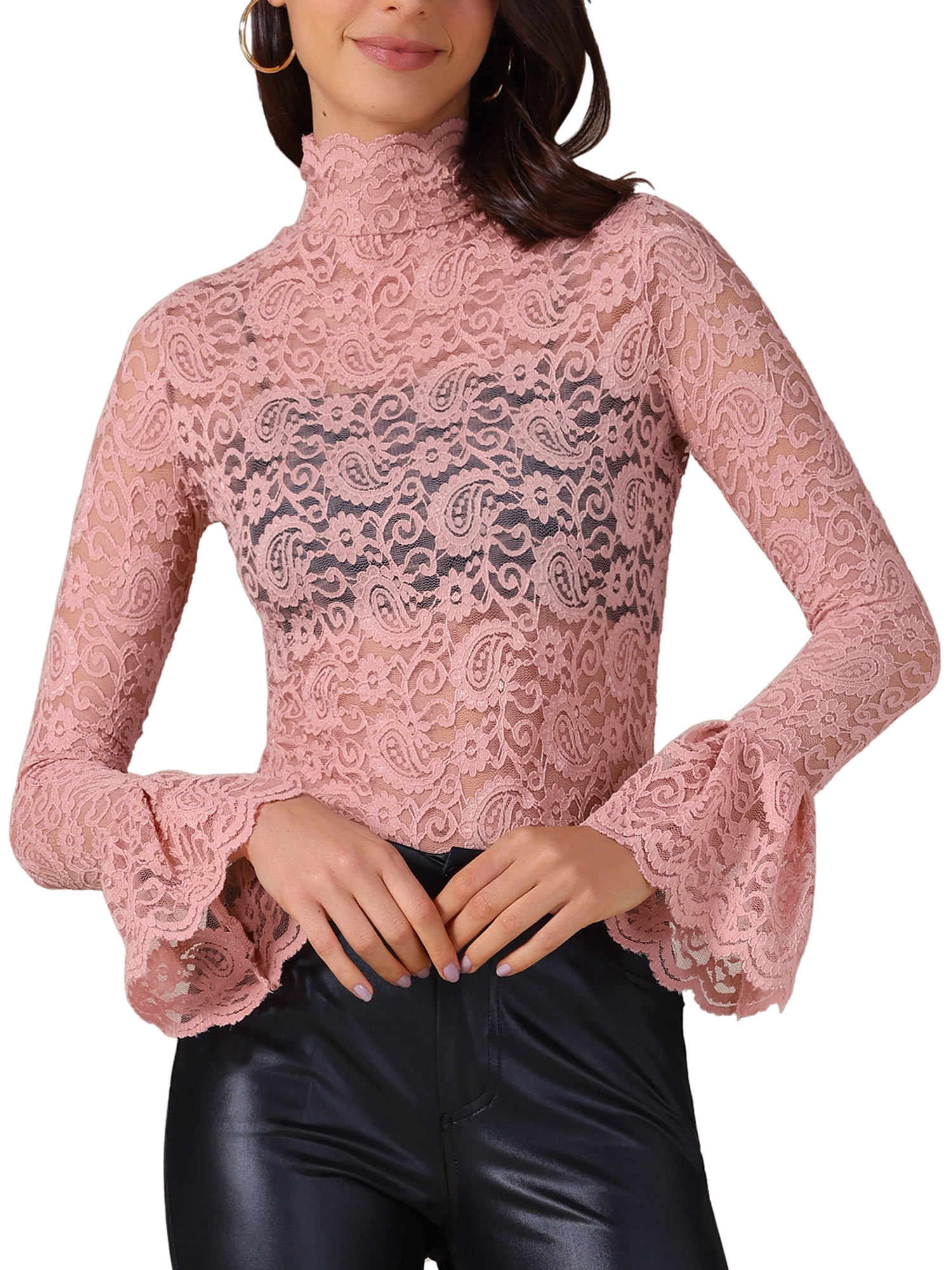 DARING DIVA Women's Lace High Neck Bell Long Sleeve Sheer Mesh Blouses XS Pink