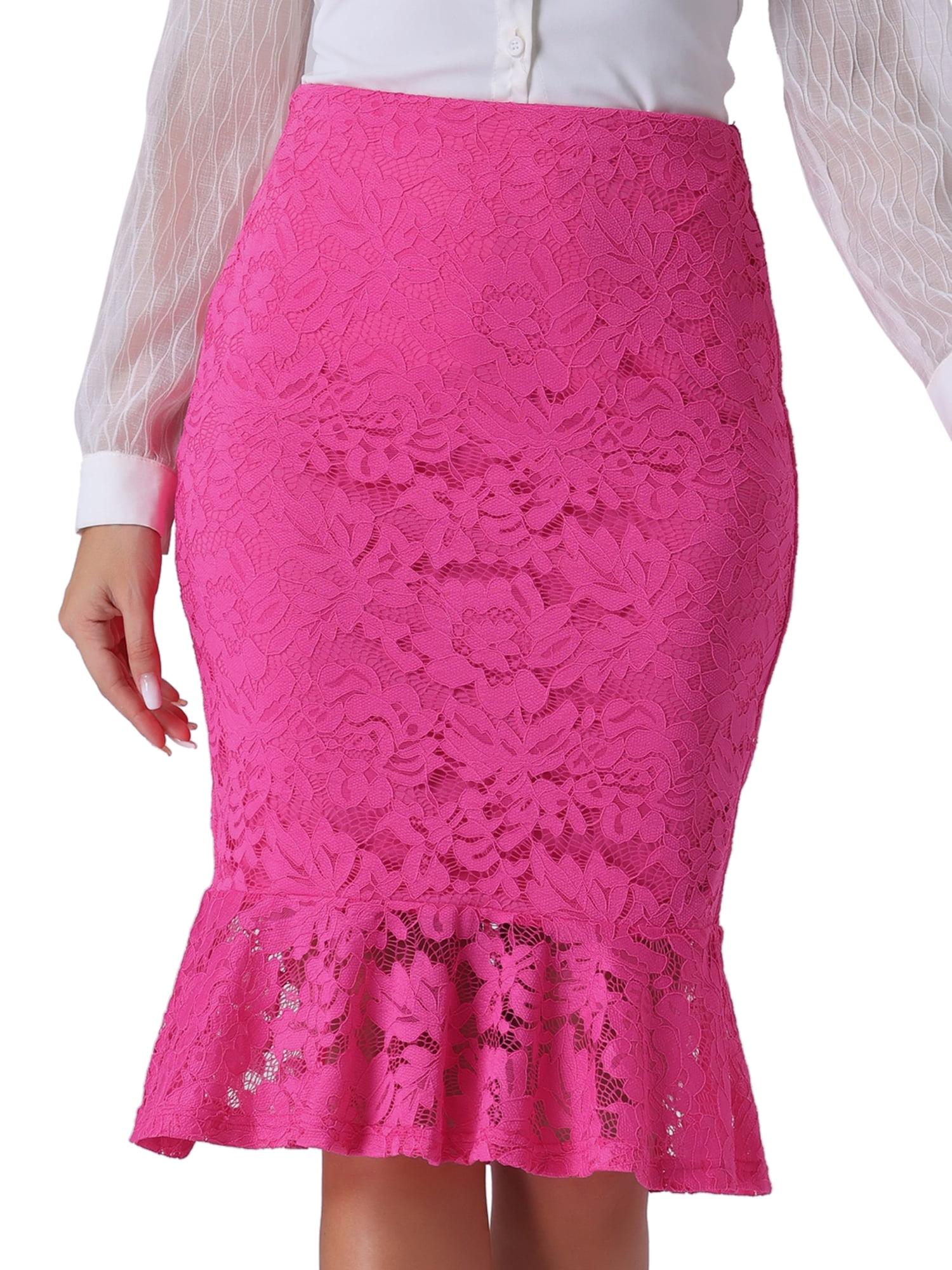 DARING DIVA Women's Lace Knee Length Bodycon Fishtail Skirt S Hot Pink