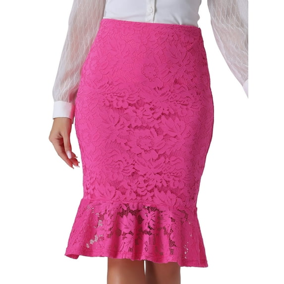 DARING DIVA Women's Lace Knee Length Bodycon Fishtail Skirt S Hot Pink