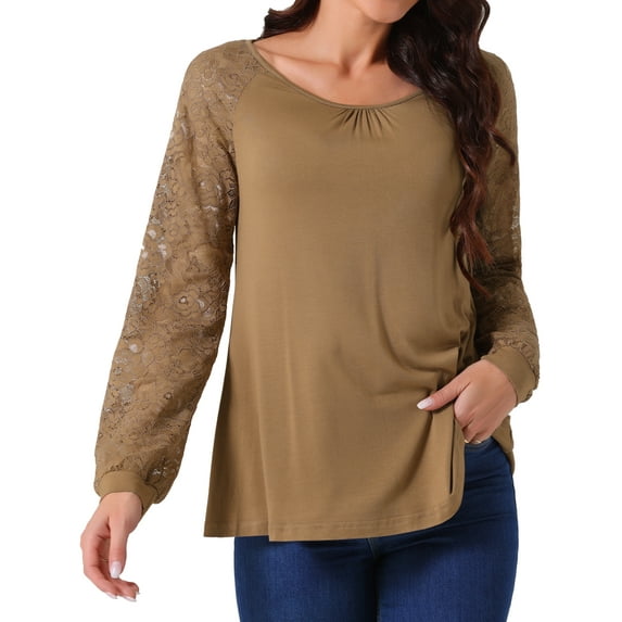 DARING DIVA Women's Lace Long Sleeve Crew Neck Casual Tops S Brown