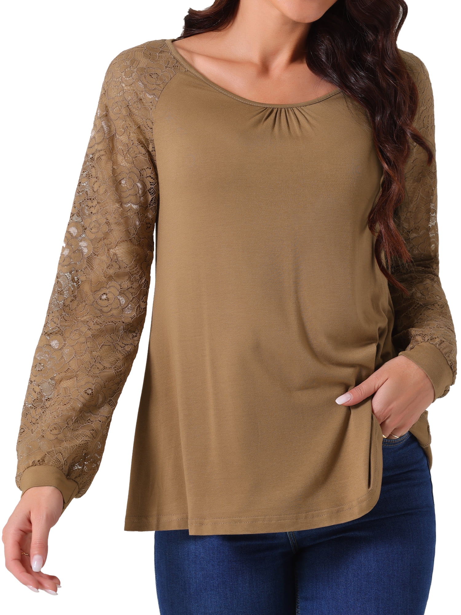 DARING DIVA Women's Lace Long Sleeve Crew Neck Casual Tops XL Brown