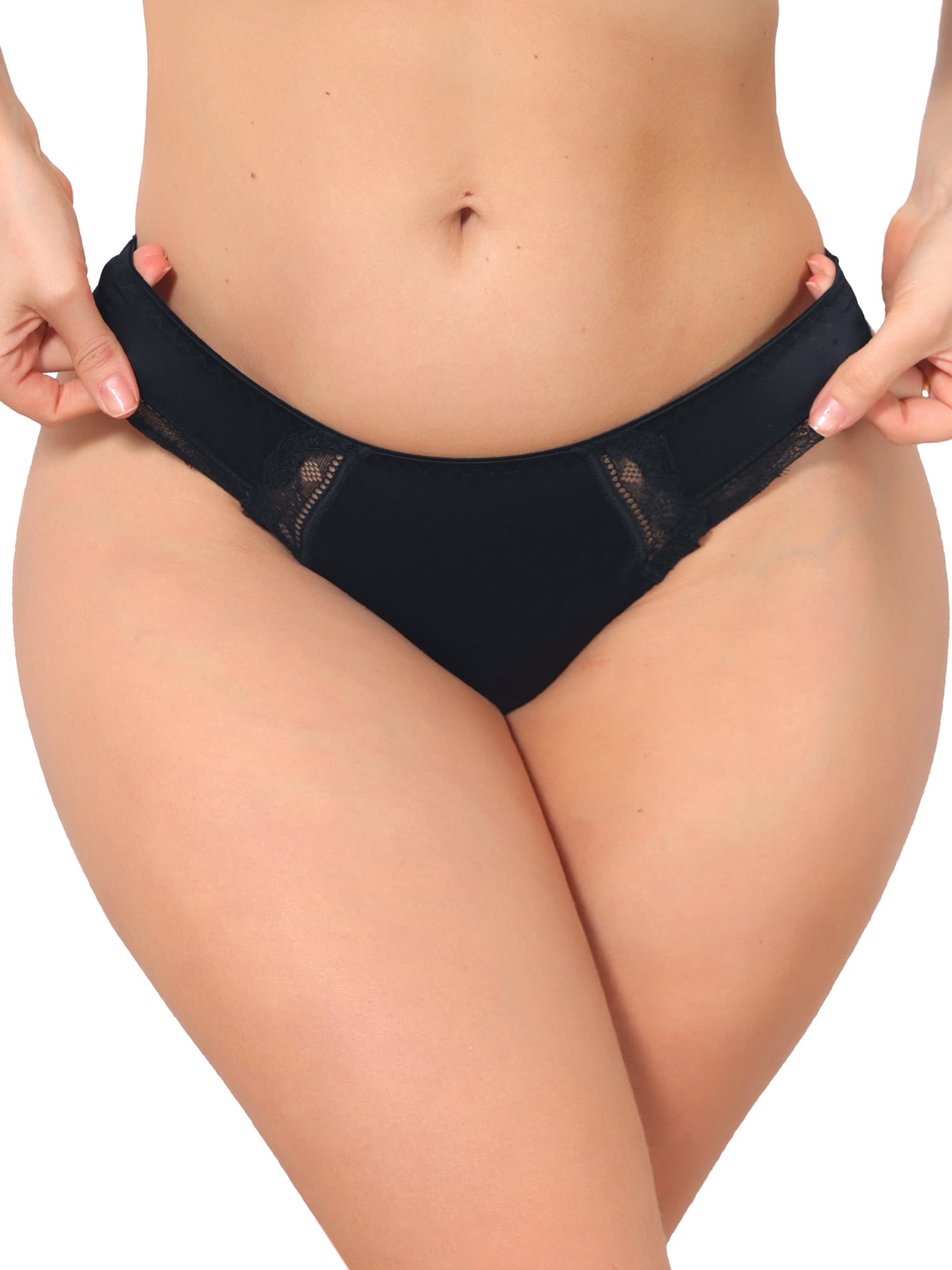 DARING DIVA Women's Lace Low Rise Bikini Underwear Breathable No Show Satin Briefs L Black