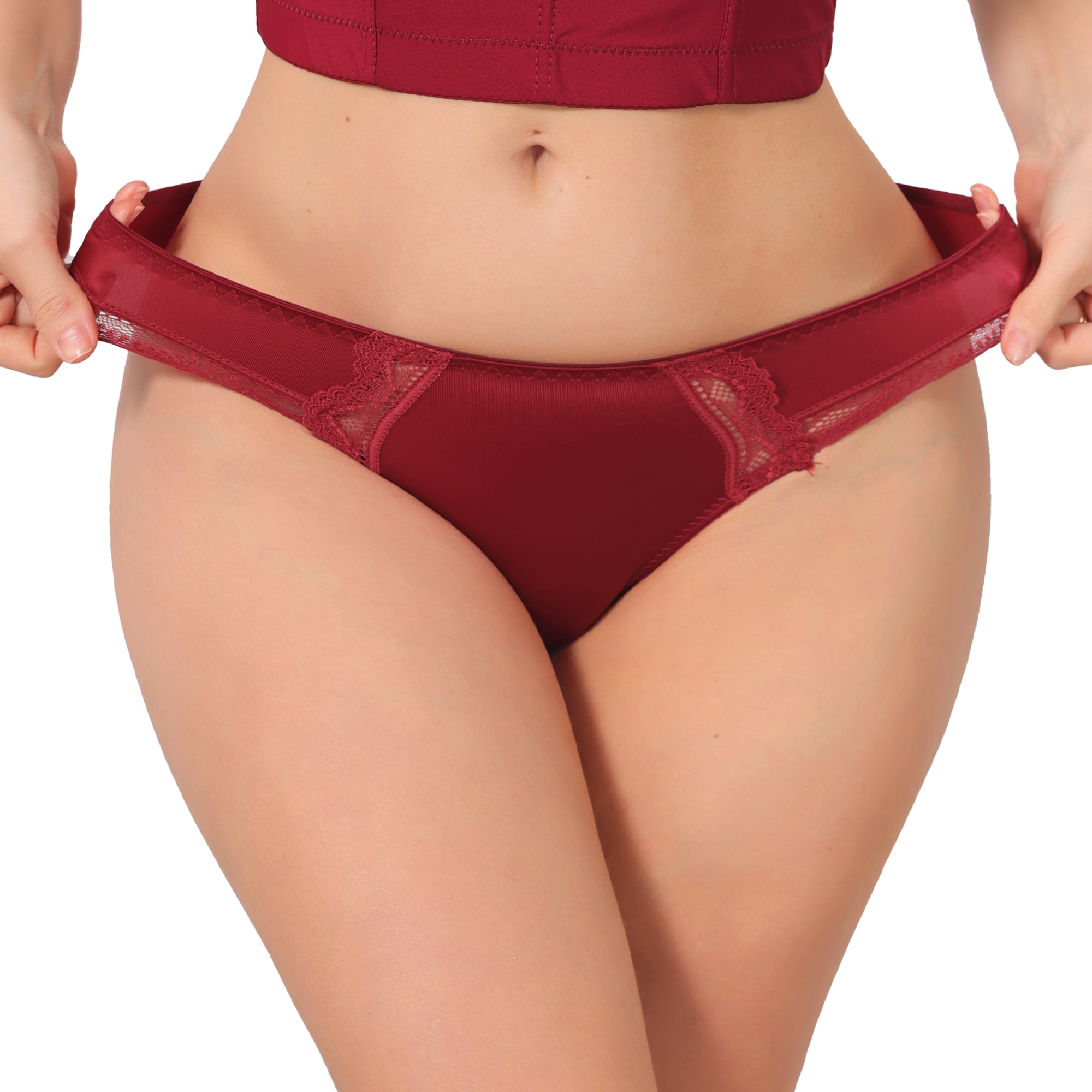 DARING DIVA Women's Lace Low Rise Bikini Underwear Breathable No Show Satin Briefs L Red
