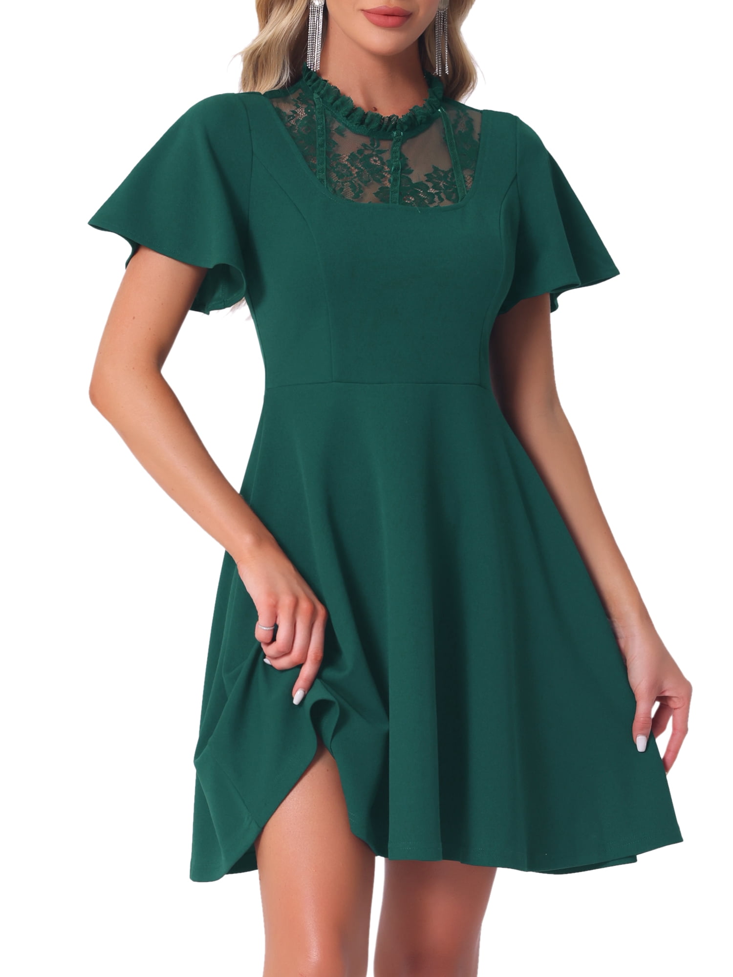DARING DIVA Women's Lace Mesh Halter Neck Gothic Midi Dresses XS Dark Green