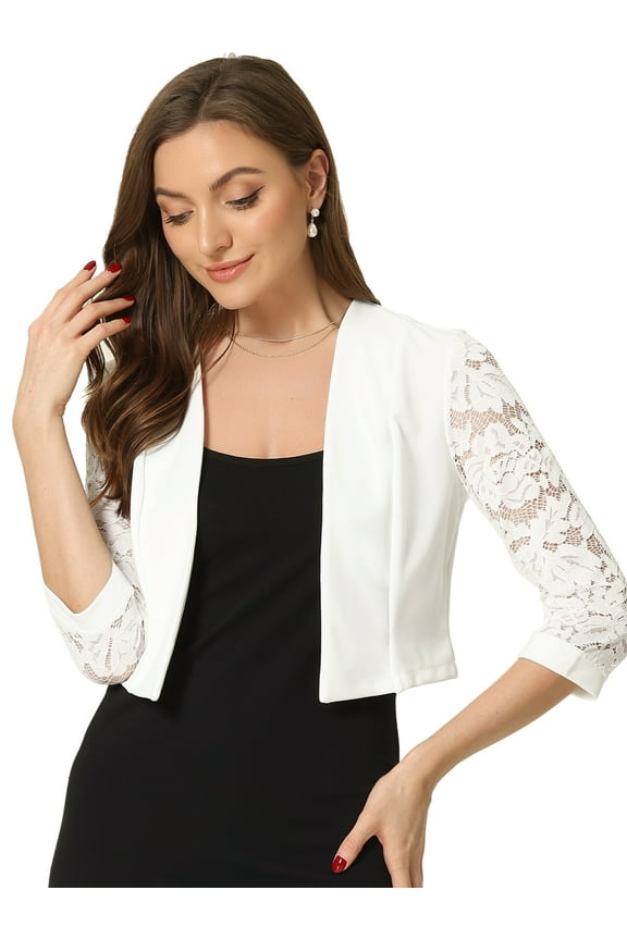 Women's Lace Panel Crop Bolero Shrug Dress for Work Office L White