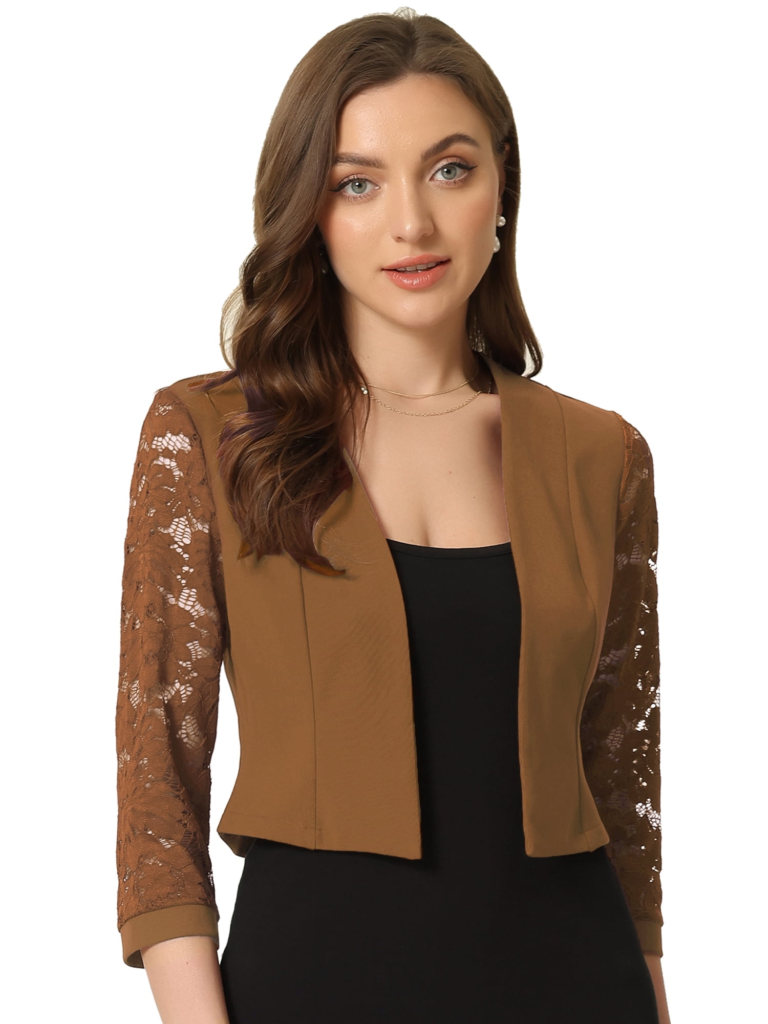 DARING DIVA Women's Lace Panel Crop Bolero Shrug Dress for Work Office XS Brown