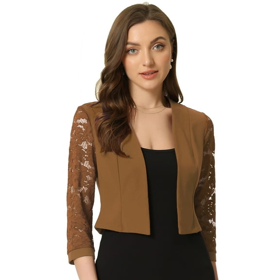 DARING DIVA Women's Lace Panel Crop Bolero Shrug Dress for Work Office XS Brown