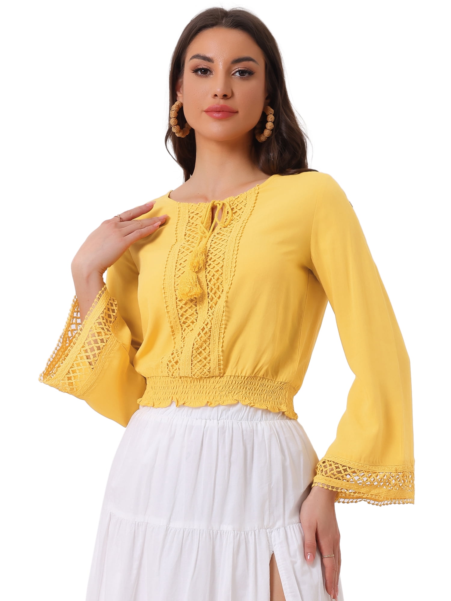 DARING DIVA Women's Lace Peasant Bell Sleeve Smocked Hem Cropped Boho Blouse M Yellow