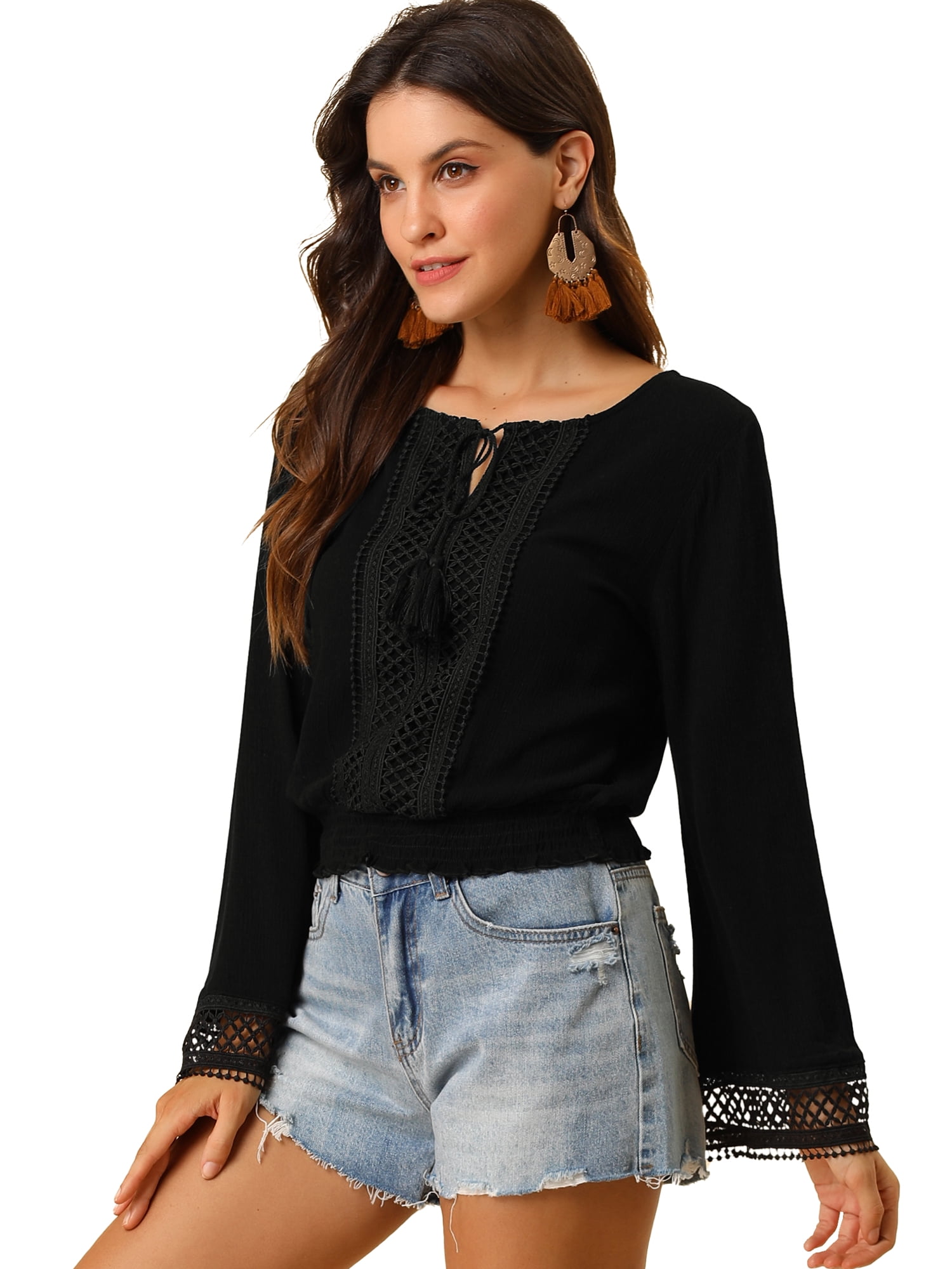 DARING DIVA Women's Lace Peasant Bell Sleeve Smocked Hem Cropped Boho Blouse S Black