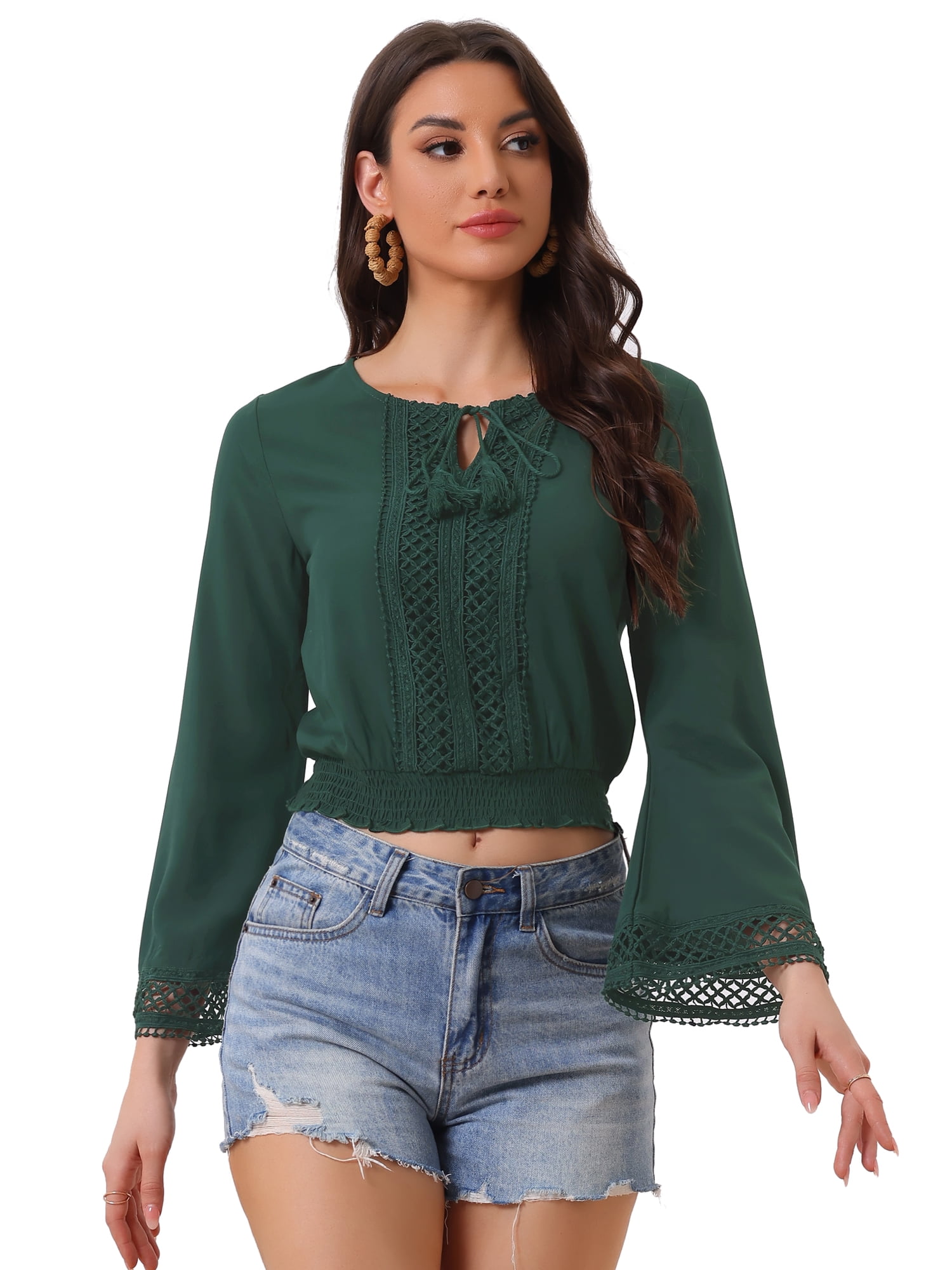 DARING DIVA Women's Lace Peasant Bell Sleeve Smocked Hem Cropped Boho Blouse S Deep Green