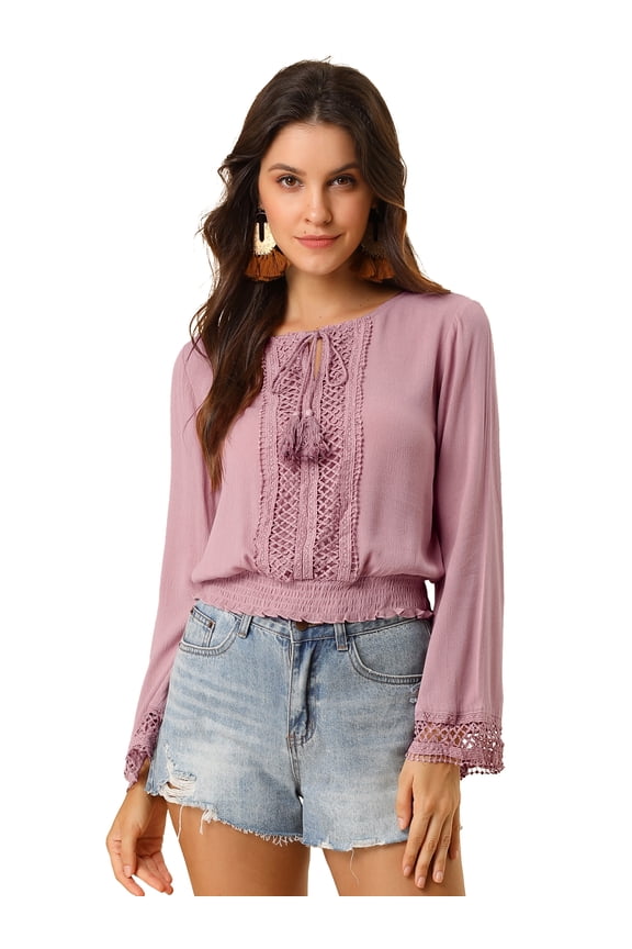 Women's Lace Peasant Bell Sleeve Smocked Hem Cropped Boho Blouse XS Dusty Pink