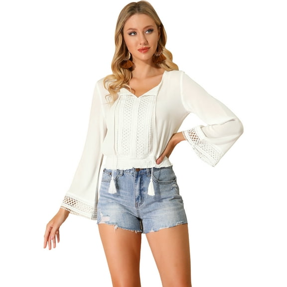 DARING DIVA Women's Lace Peasant Bell Sleeve Smocked Hem Cropped Boho Blouse XS White