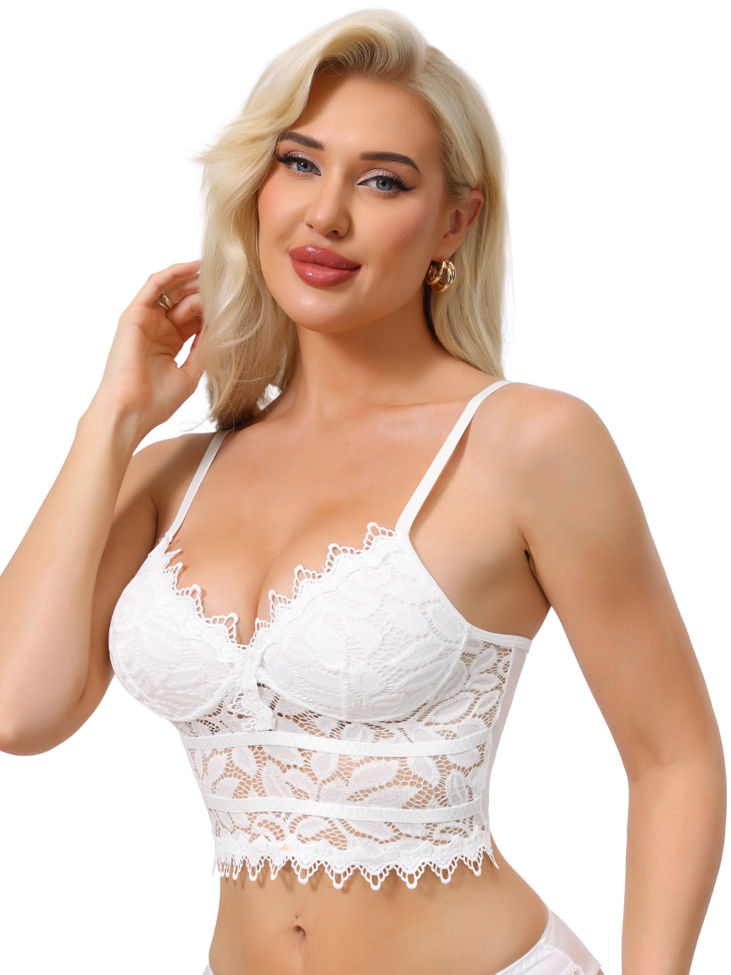 DARING DIVA Women's Lace Plunge Sheer Sleeveless Tank with Mesh Back S White