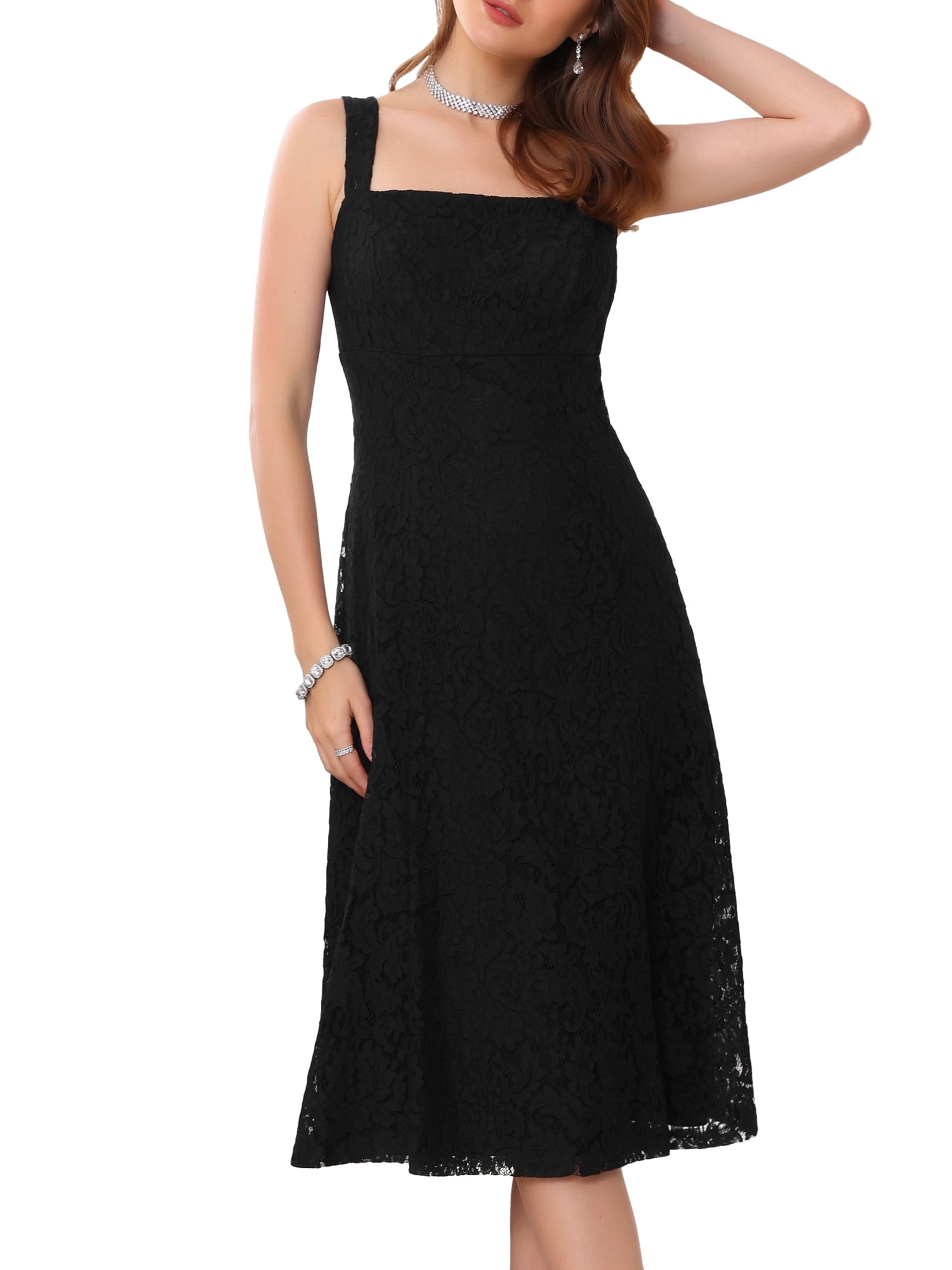 DARING DIVA Women's Lace Prom Straps Square Neck Sleeveless Midi Dress L Black