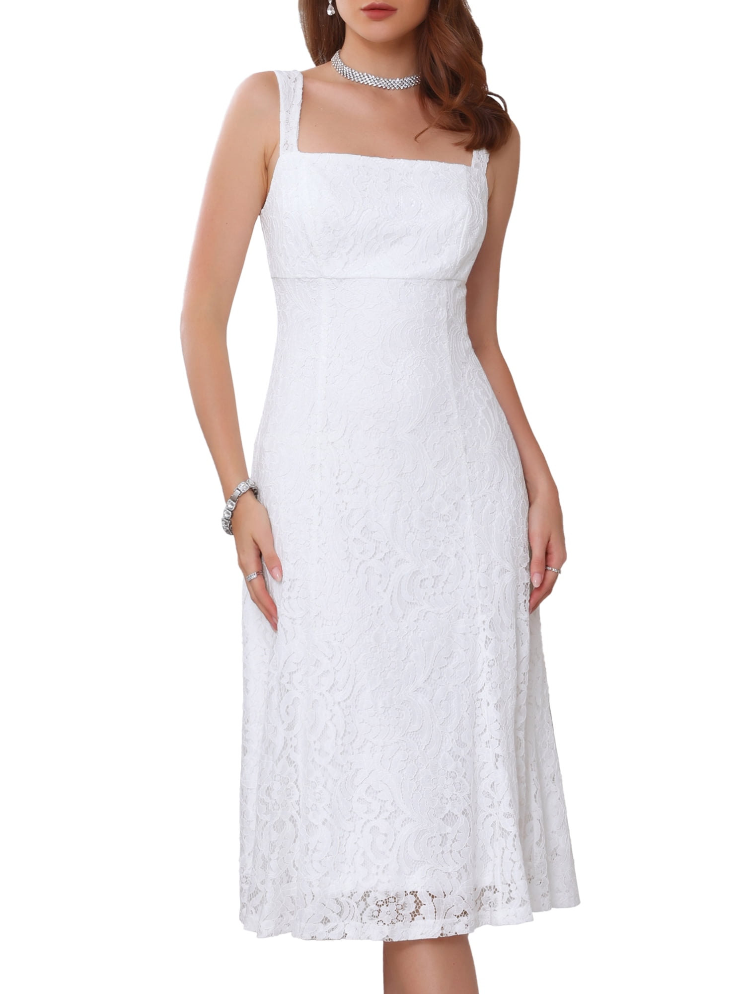 DARING DIVA Women's Lace Prom Straps Square Neck Sleeveless Midi Dress L White