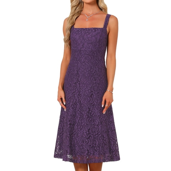 DARING DIVA Women's Lace Prom Straps Square Neck Sleeveless Midi Dress M Purple