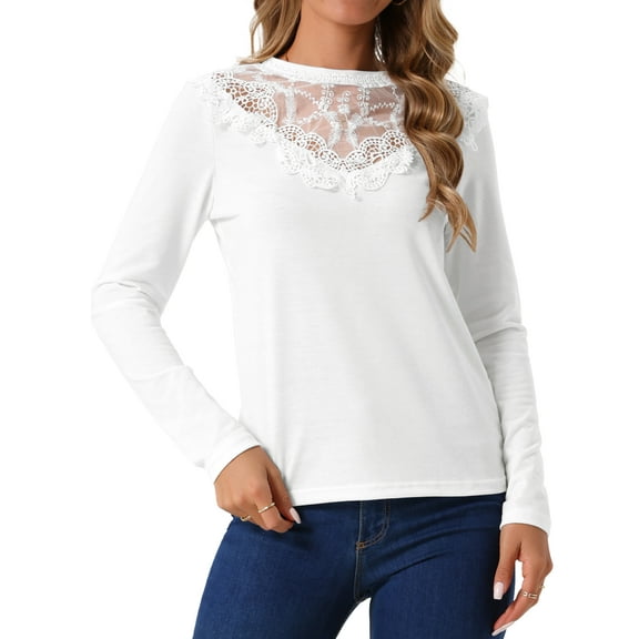 DARING DIVA Women's Lace Round Neck Long Sleeve Blouse L White