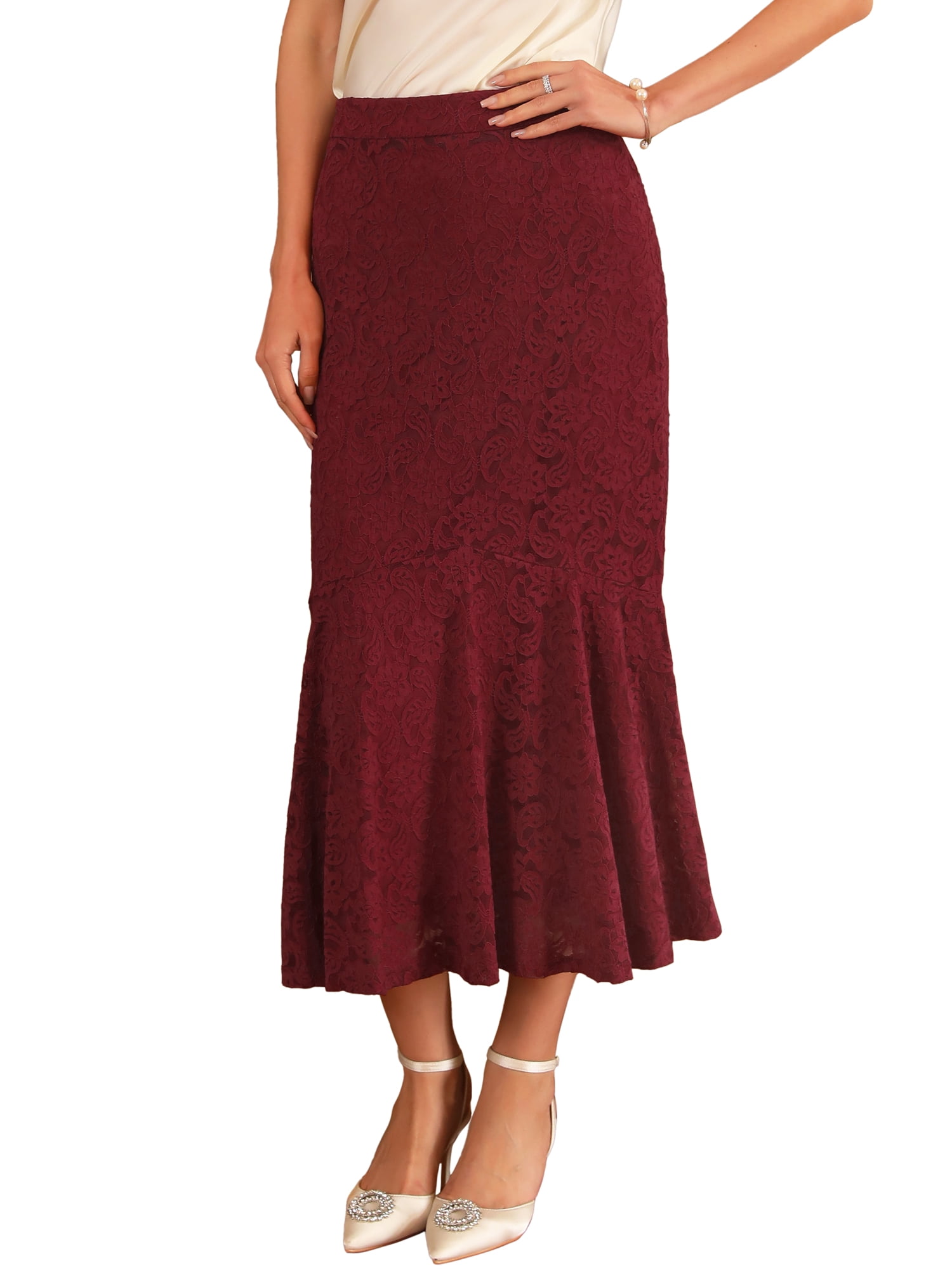 DARING DIVA Women's Lace Ruffle Hem Midi Mermaid Skirts S Wine Red