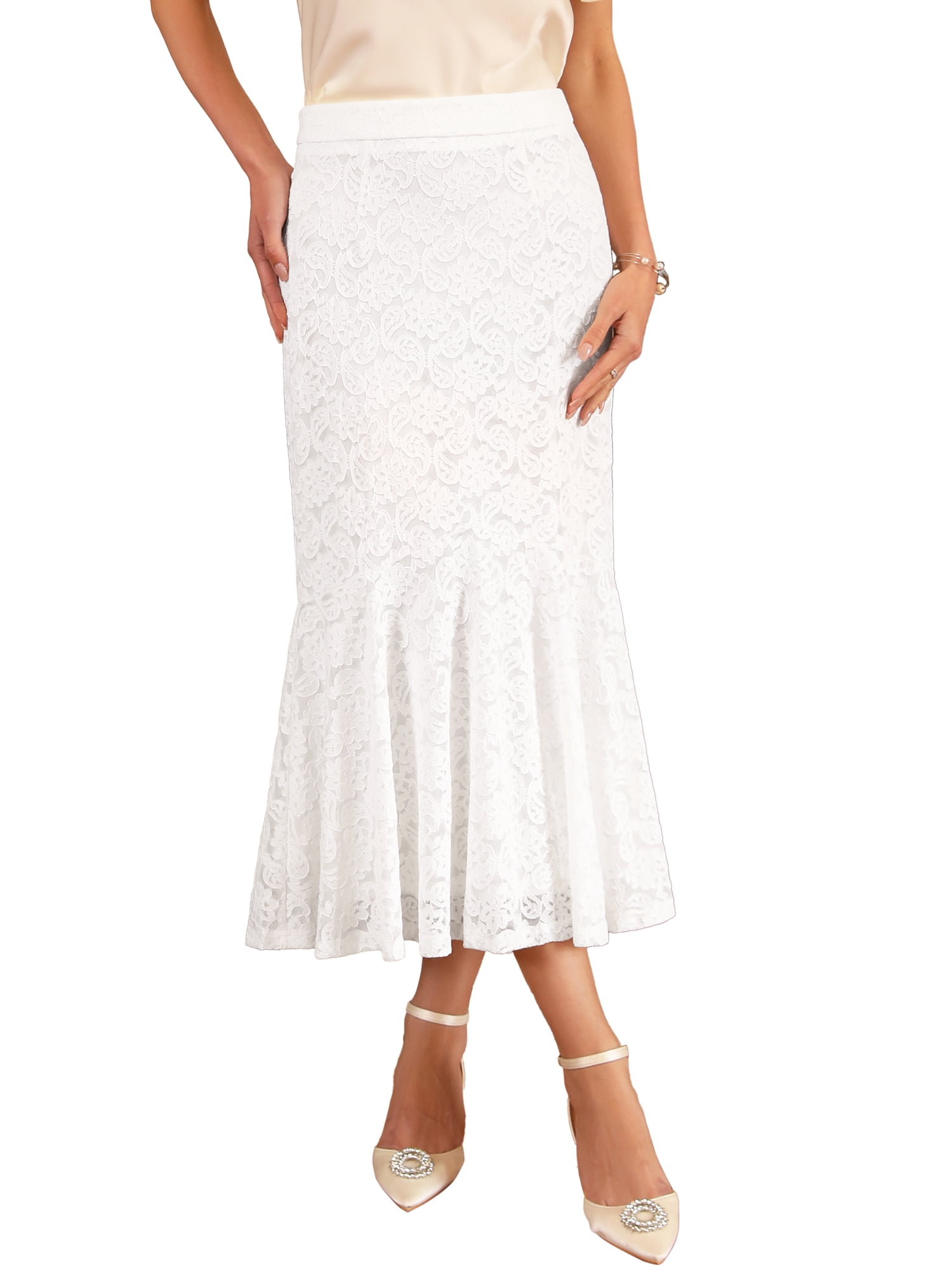 DARING DIVA Women's Lace Ruffle Hem Midi Mermaid Skirts XL White