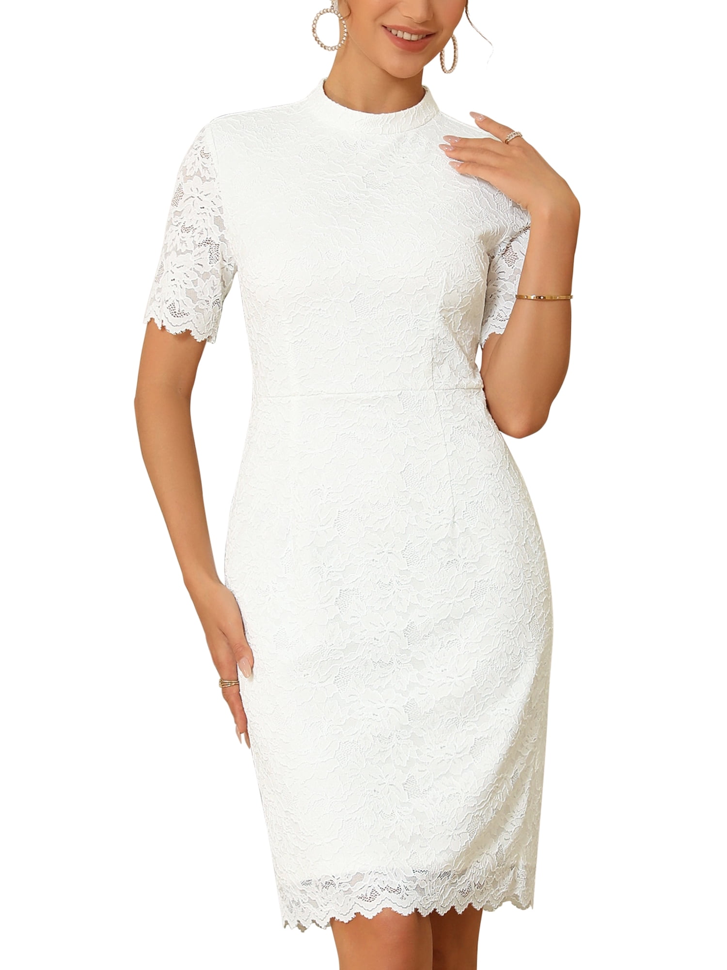 DARING DIVA Women's Lace Sheath Mock Neck Short Sleeves Dresses XL White