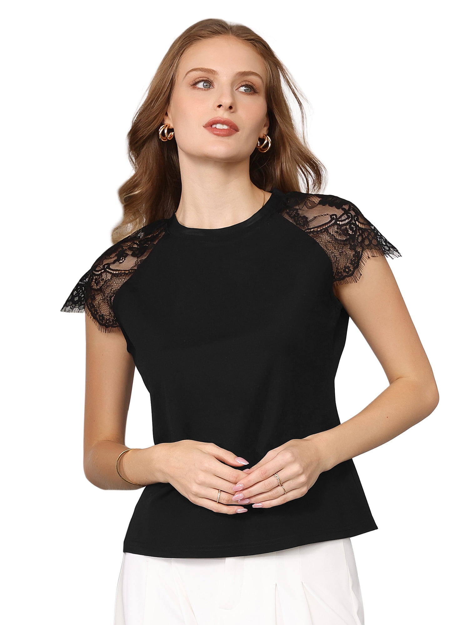 DARING DIVA Women's Lace Short Sleeve Tops 2026 Casual Summer Blouse Tee Shirt L Black
