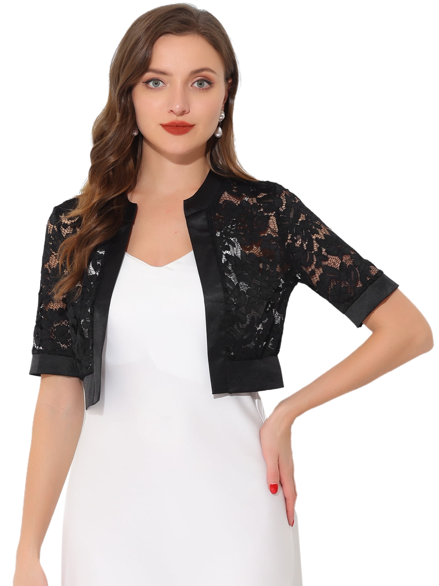 DARING DIVA Women's Lace Shrug Bolero Satin Panel Crop Cardigans L Black