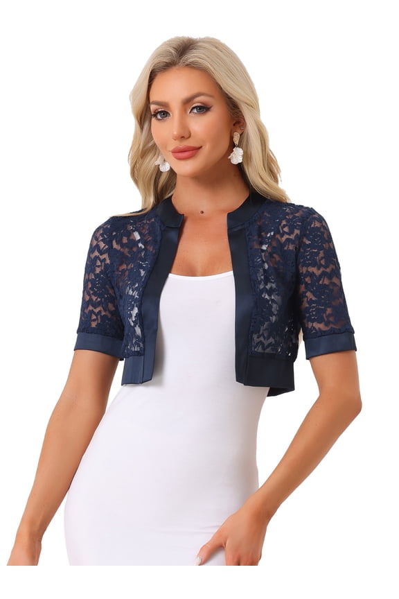 Women's Lace Shrug Bolero Satin Panel Crop Cardigans M Dark Blue
