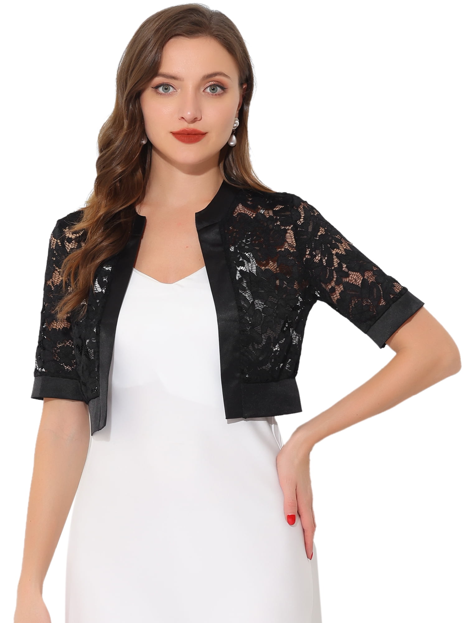 DARING DIVA Women's Lace Shrug Bolero Satin Panel Crop Cardigans
