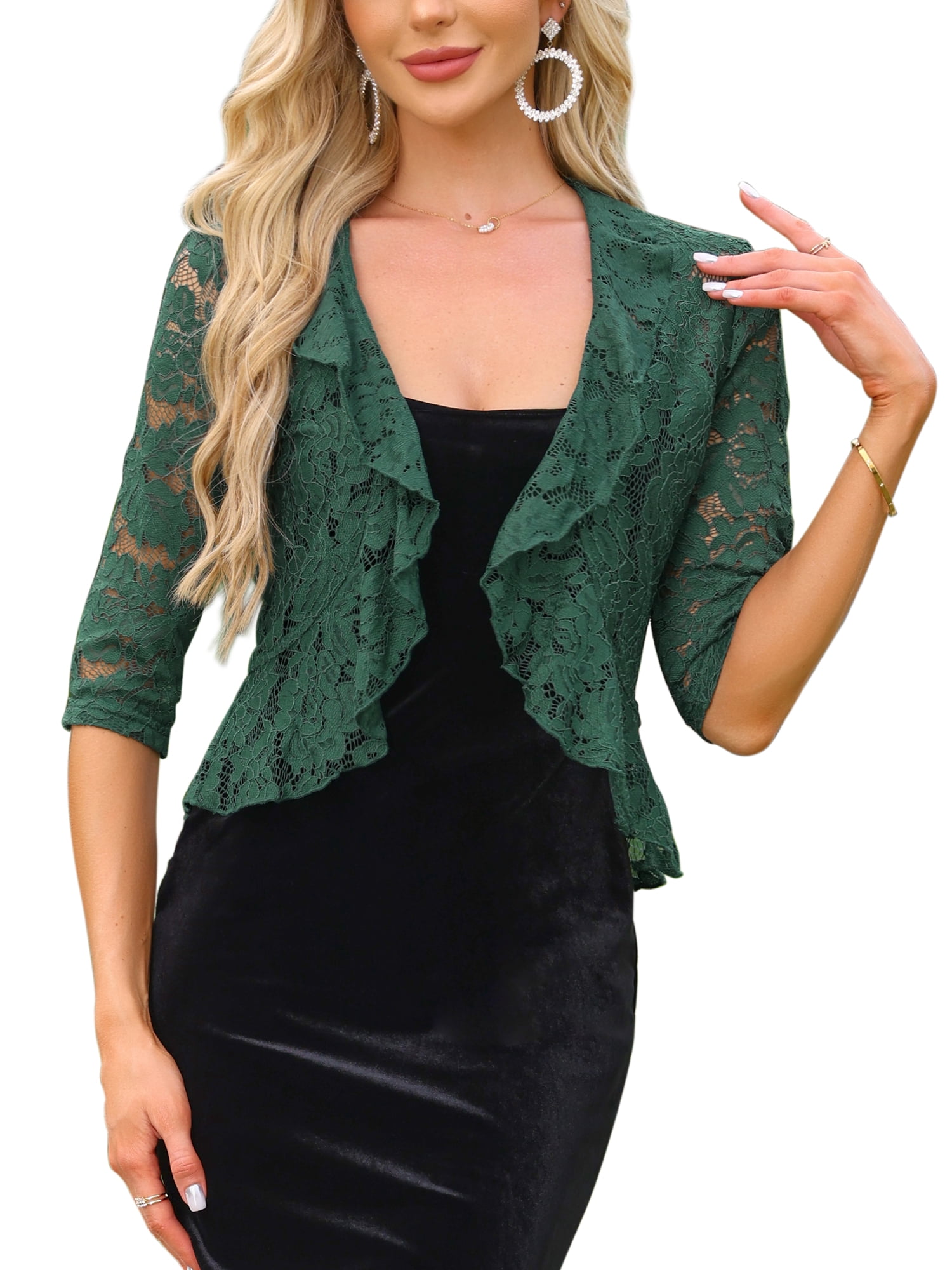 DARING DIVA Women's Lace Shrug Ruffle Cardigan Open Front Half Sleeve Bolero L Dark Green
