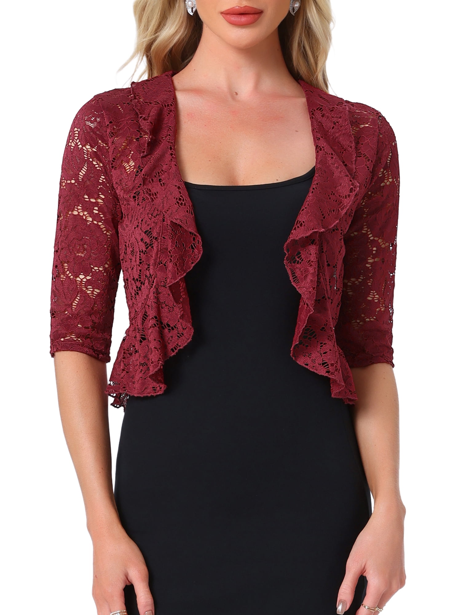 DARING DIVA Women's Lace Shrug Ruffle Cardigan Open Front Half Sleeve Bolero M Burgundy