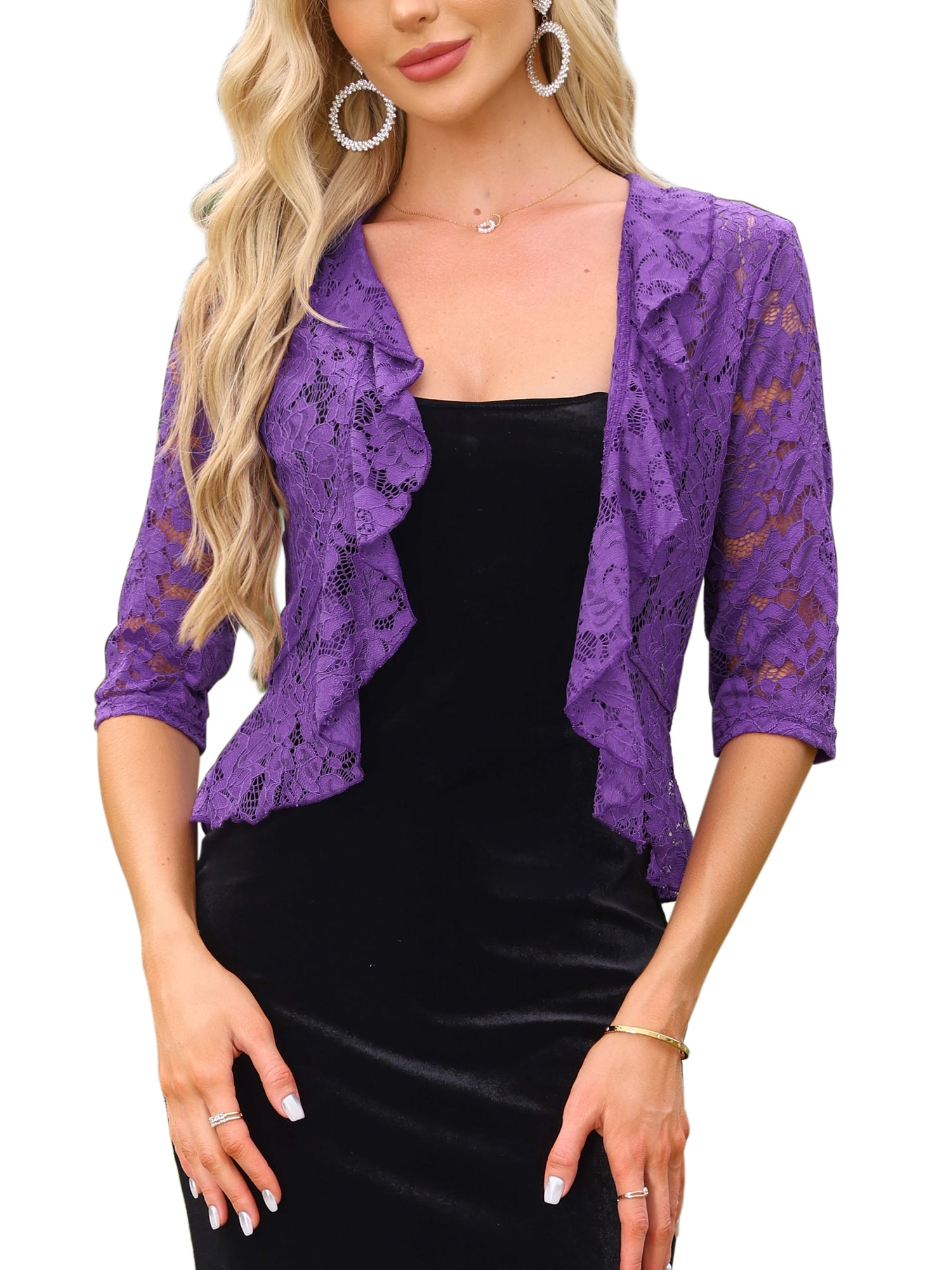 DARING DIVA Women's Lace Shrug Ruffle Cardigan Open Front Half Sleeve Bolero M Purple