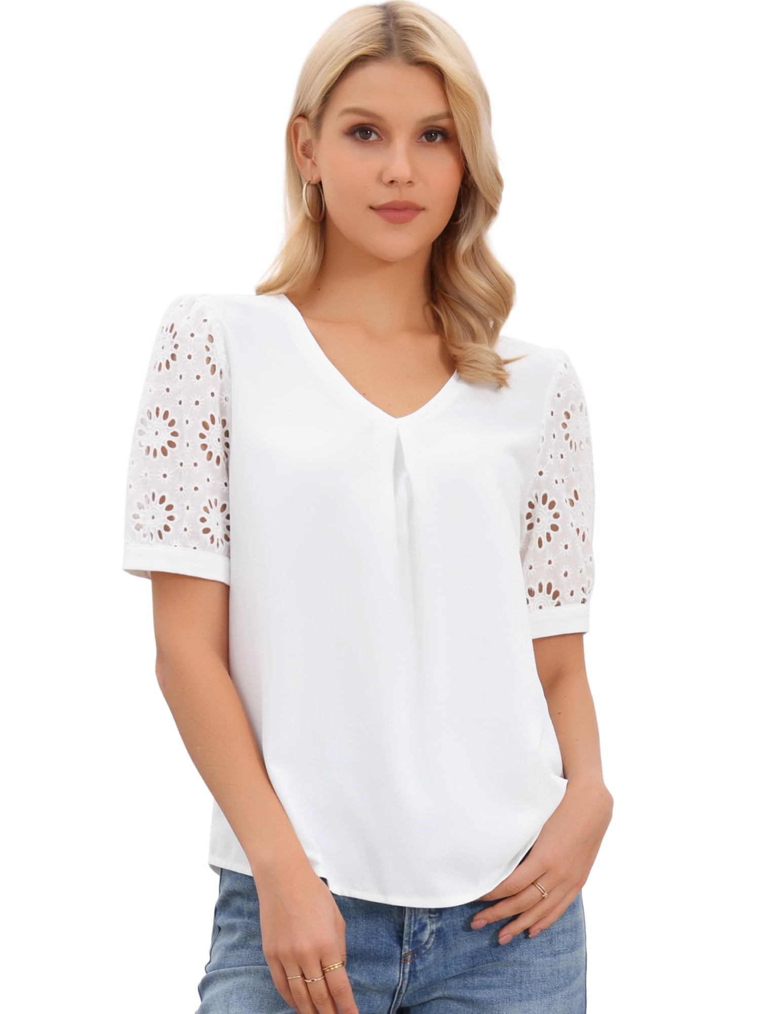 DARING DIVA Women's Lace Sleeve Blouses V Neck Cutout Short Sleeve Dressy Tops S White